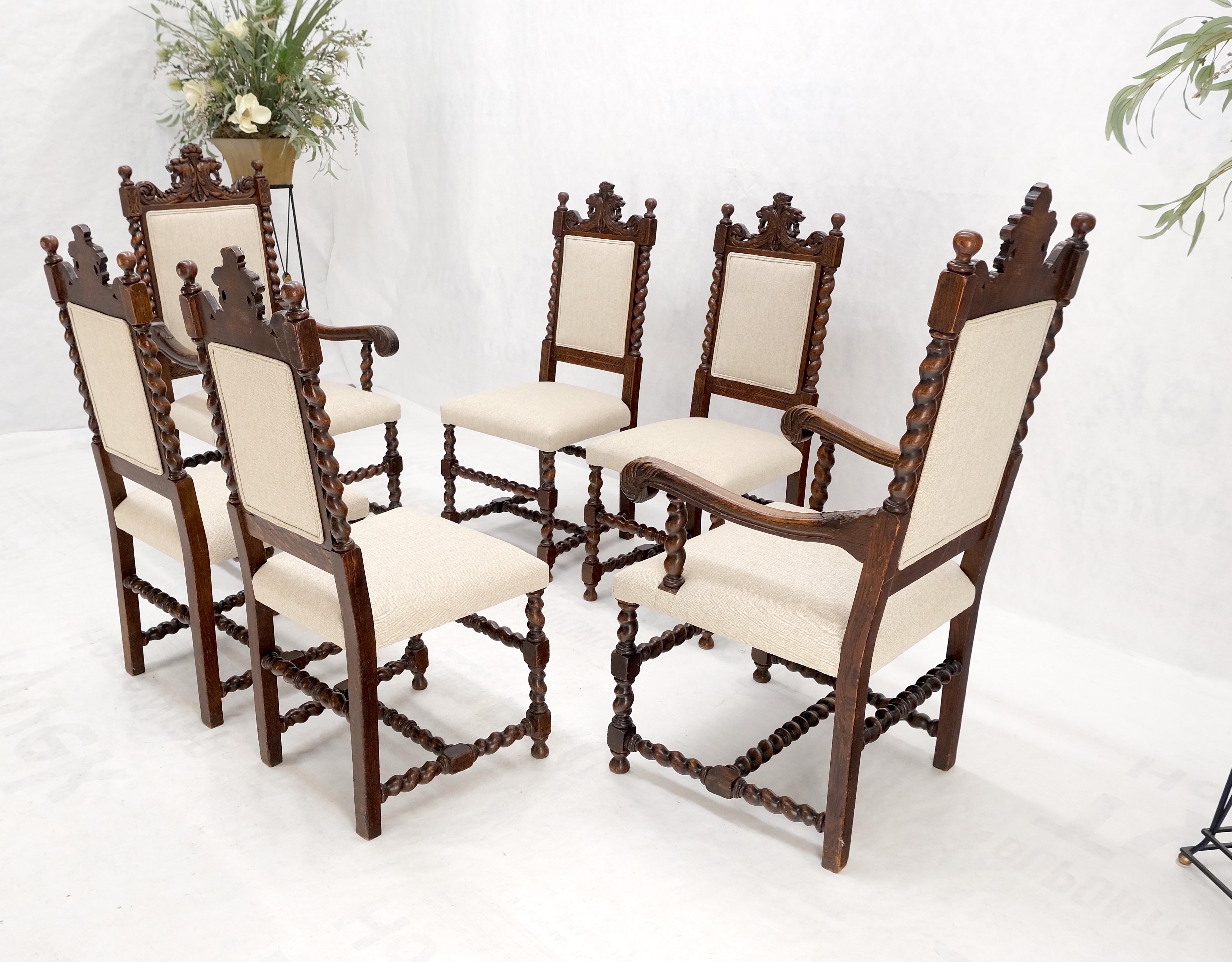 Lacquered 6 Fine Carved Oak Lion Heads Twisted Legs New Upholstery Jacobean Dining Chairs For Sale