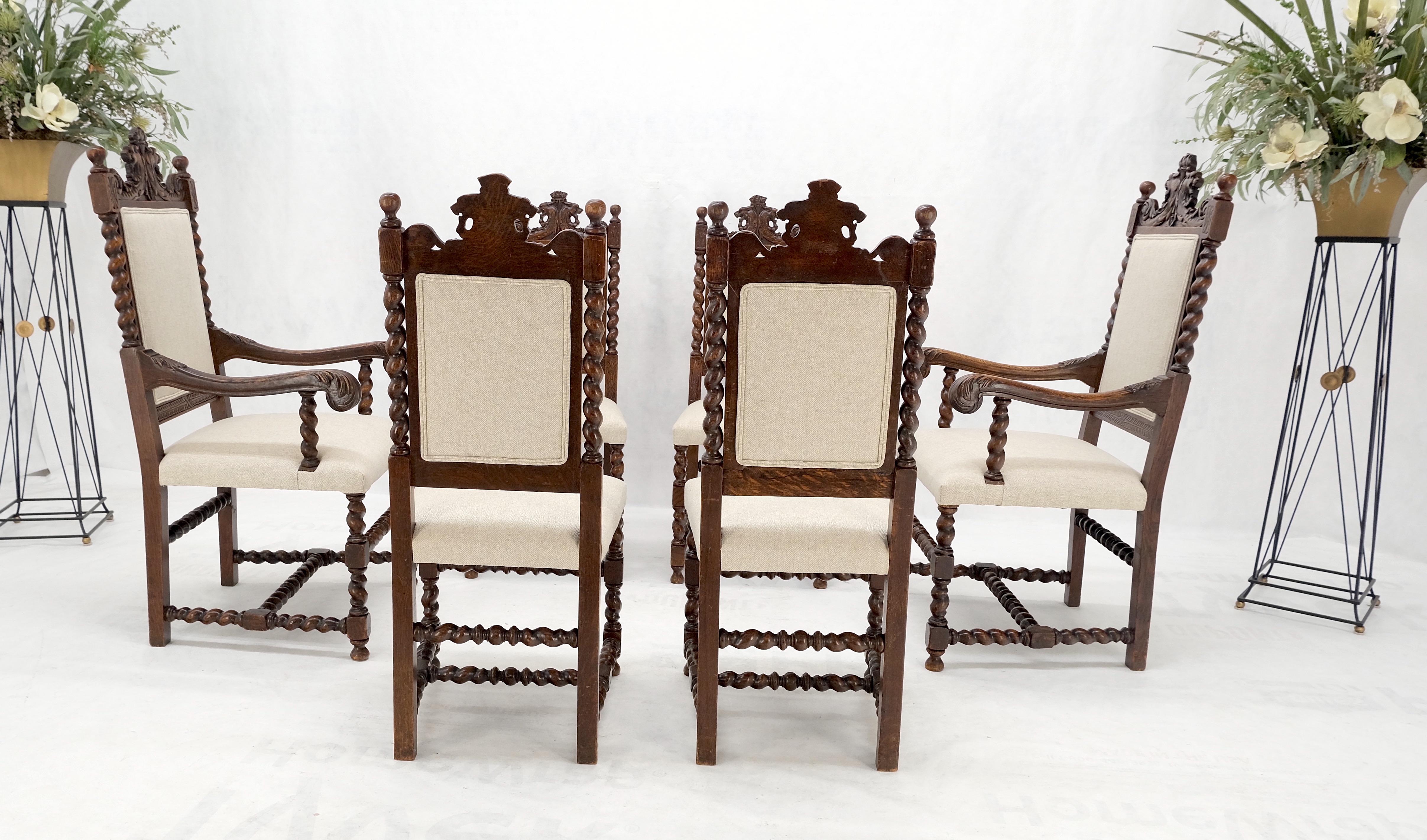 6 Fine Carved Oak Lion Heads Twisted Legs New Upholstery Jacobean Dining Chairs In Good Condition For Sale In Rockaway, NJ
