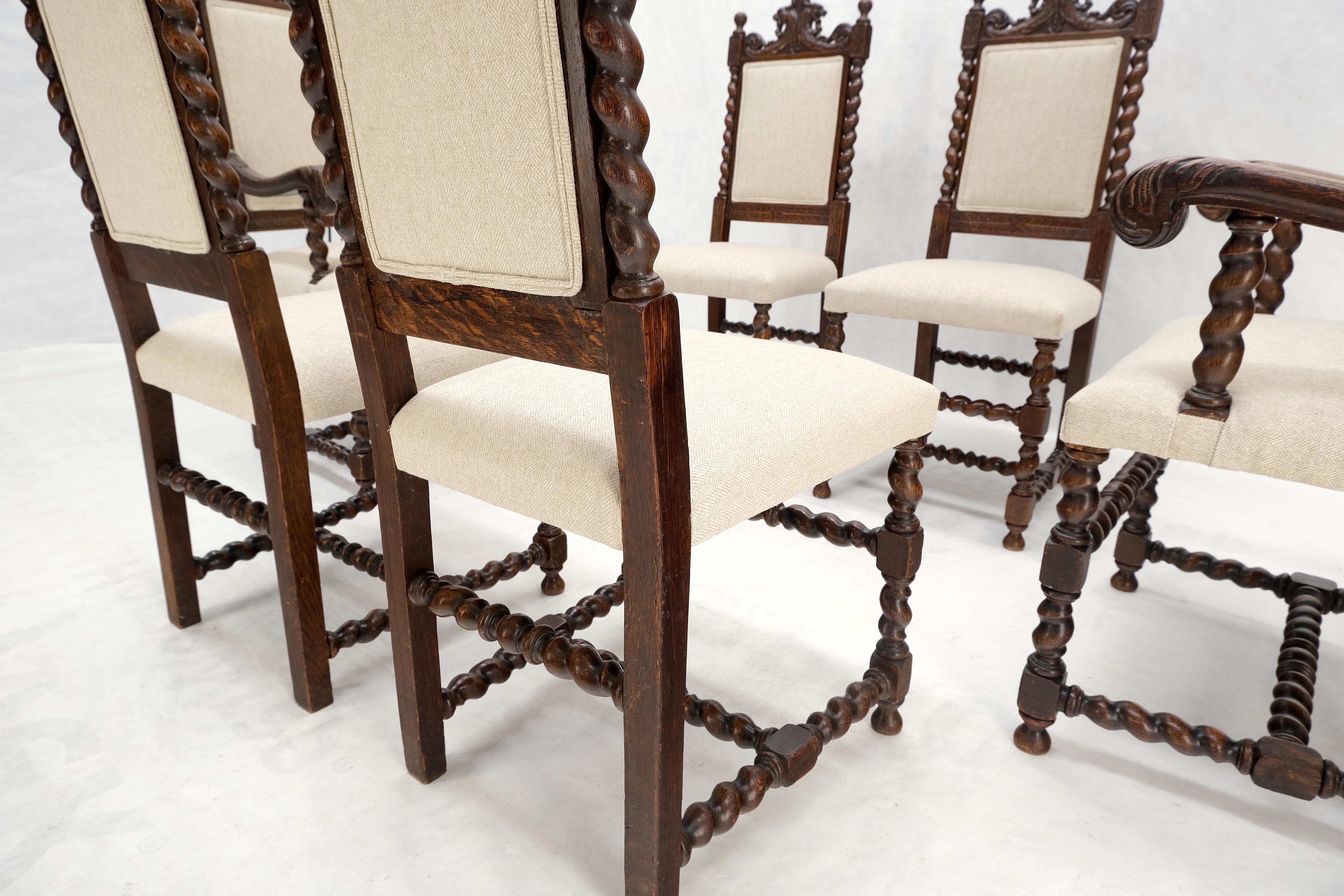 20th Century 6 Fine Carved Oak Lion Heads Twisted Legs New Upholstery Jacobean Dining Chairs For Sale