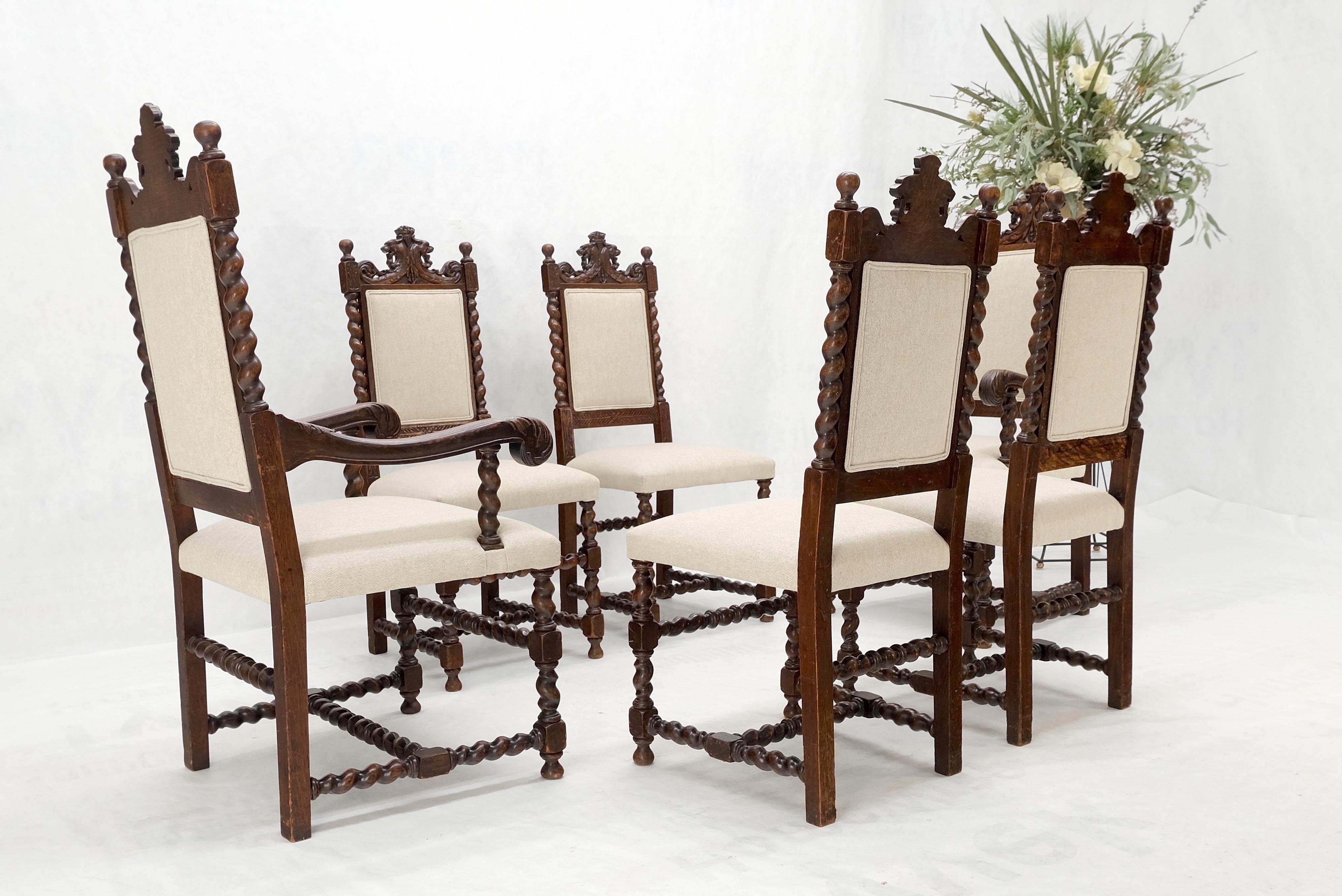 6 Fine Carved Oak Lion Heads Twisted Legs New Upholstery Jacobean Dining Chairs For Sale 1