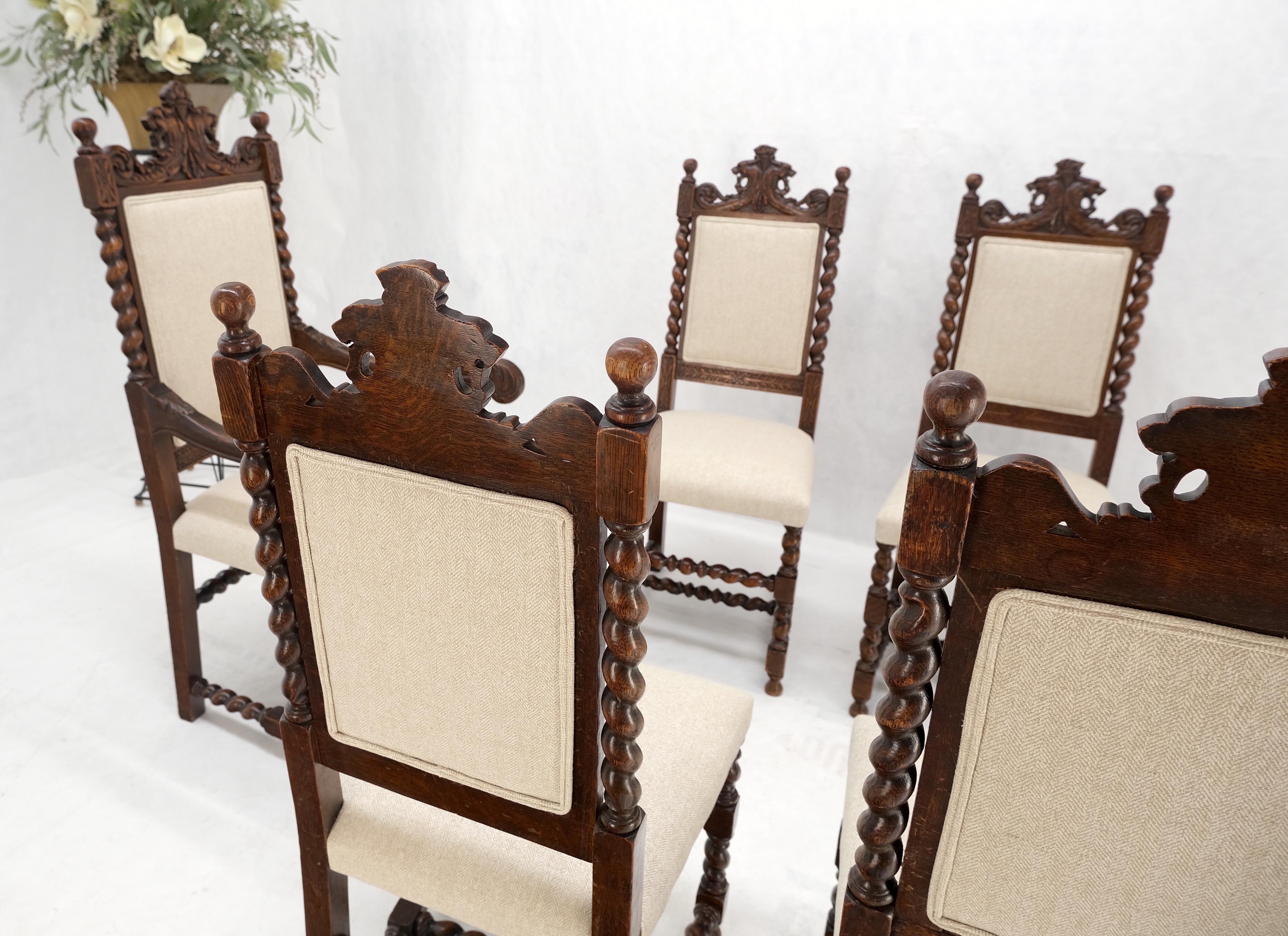 6 Fine Carved Oak Lion Heads Twisted Legs New Upholstery Jacobean Dining Chairs For Sale 2