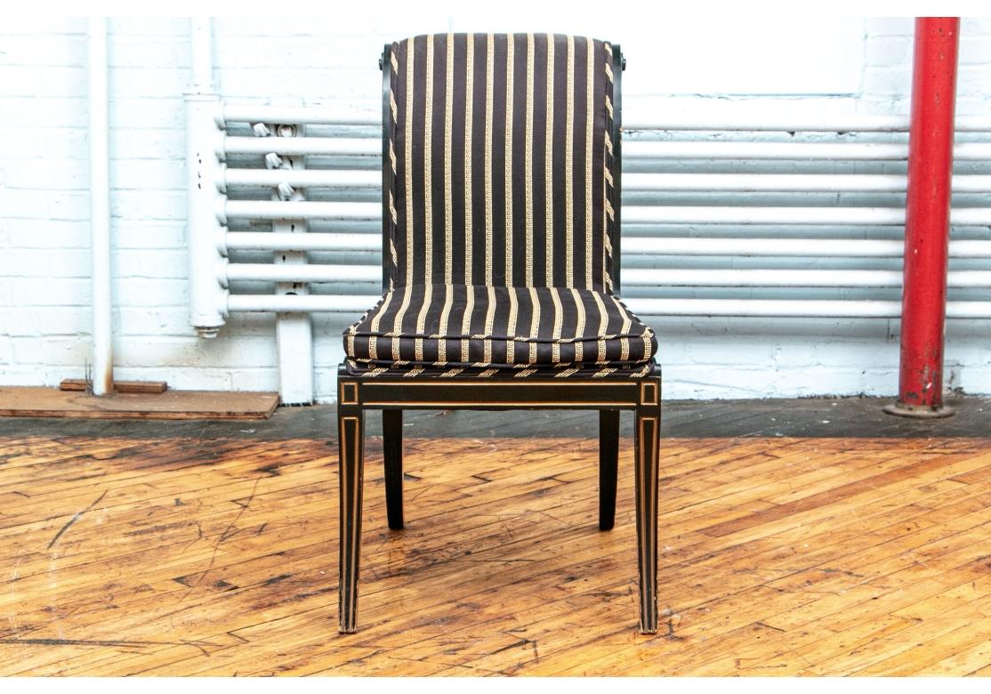 Fabric 6 Finely Crafted Neoclassical Style Ebonized & Gilt Dining for Restoration For Sale