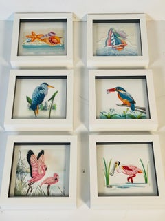6 Florida Papier Collage Kunst Vögel Muscheln Gerahmt