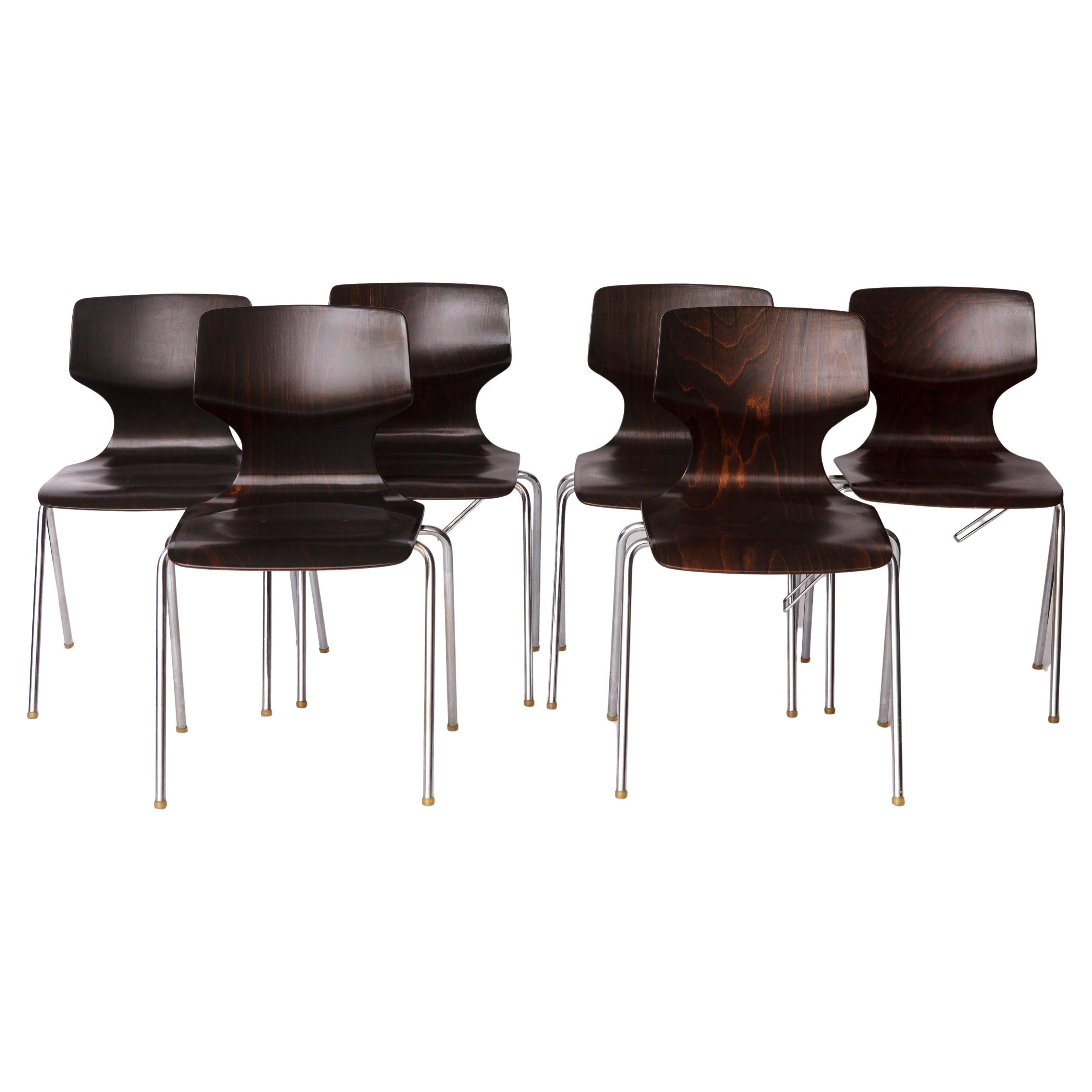 6 Flötotto Pagwood Chairs – German Design Classic, 1970s, Chrome & Plywood