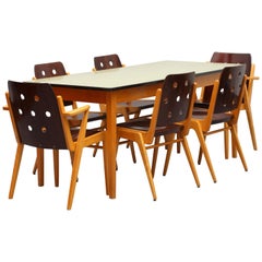 6 Franz Schuster Stacking Chairs Model 'Maestro' Austria 1950s with Dining Table