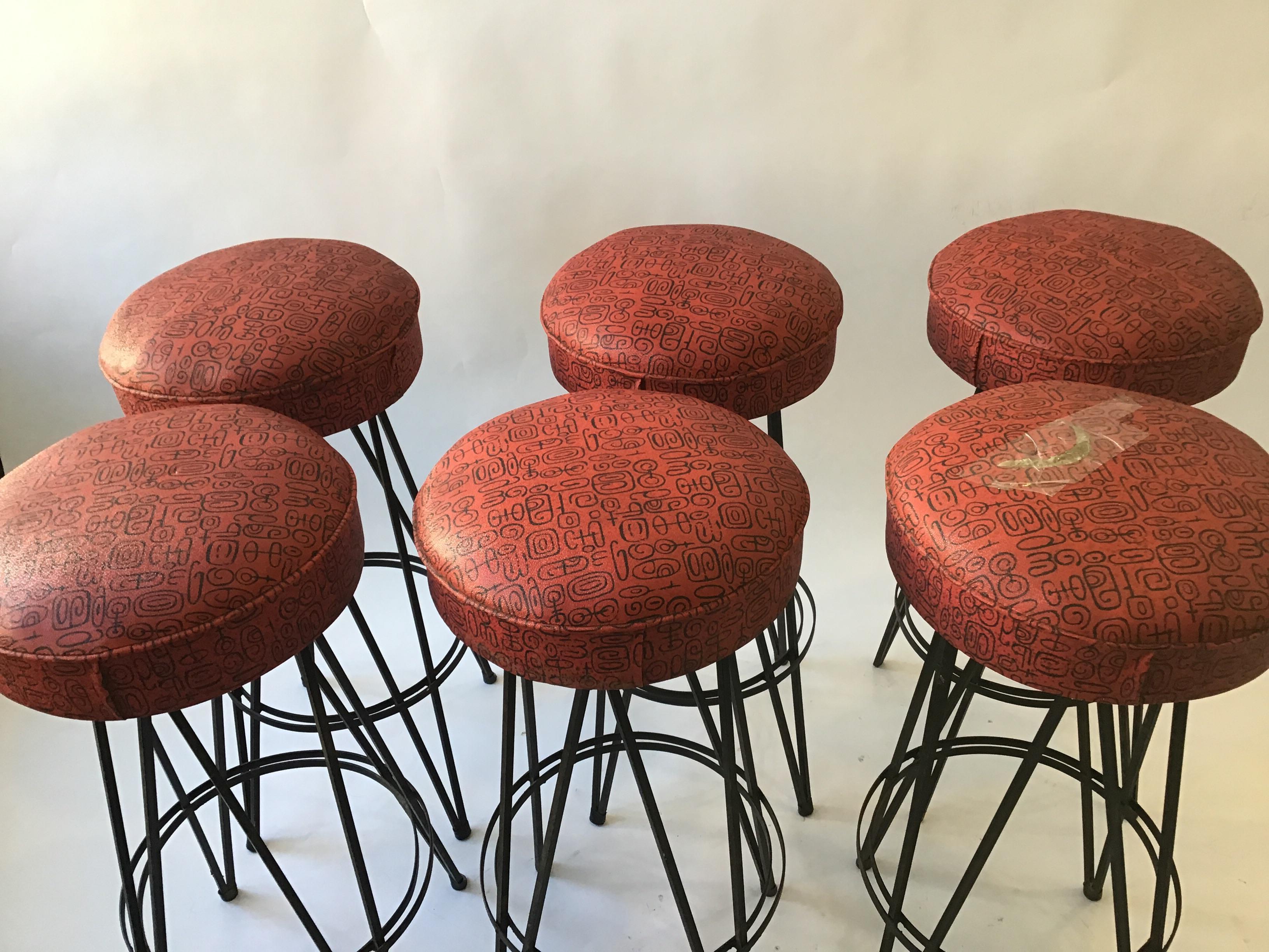 6 Frederick Weinberg iron bar/counter stools, 1950s. 360 degree swivel.