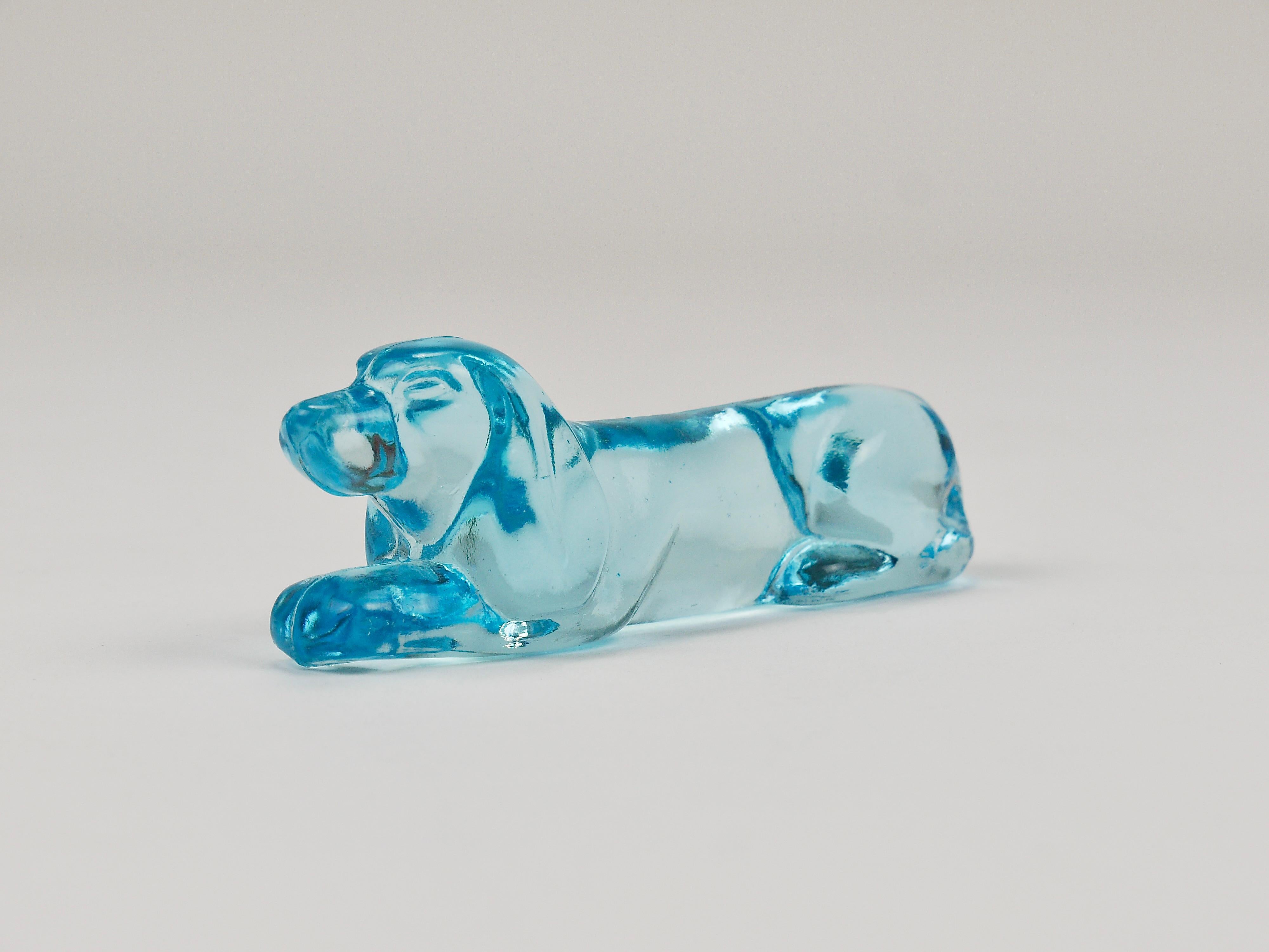 6 French Art Deco Dachshund Basset Hound Knife Rests, Light Blue Glass, 1930s For Sale 6