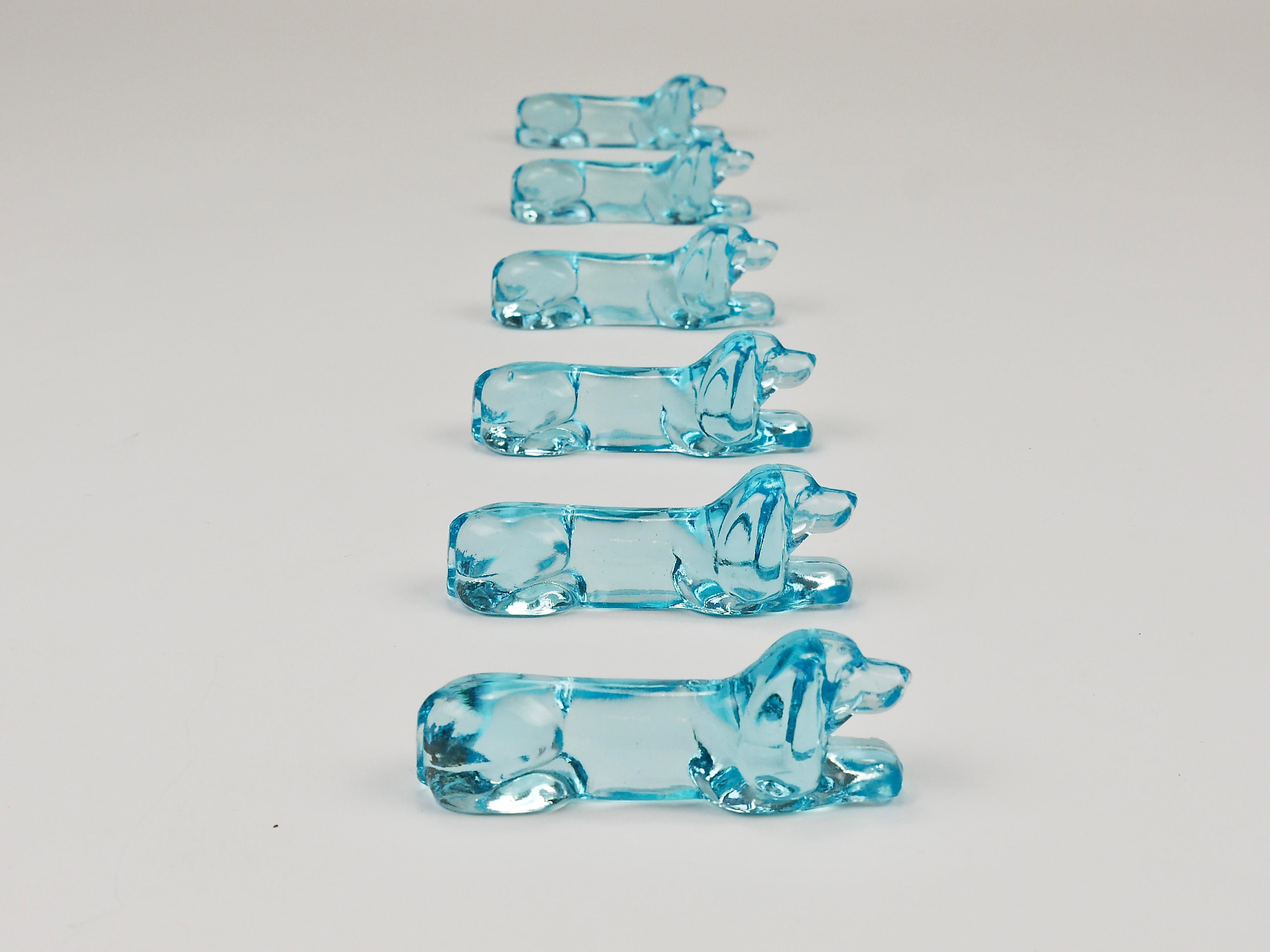 6 French Art Deco Dachshund Basset Hound Knife Rests, Light Blue Glass, 1930s For Sale 7