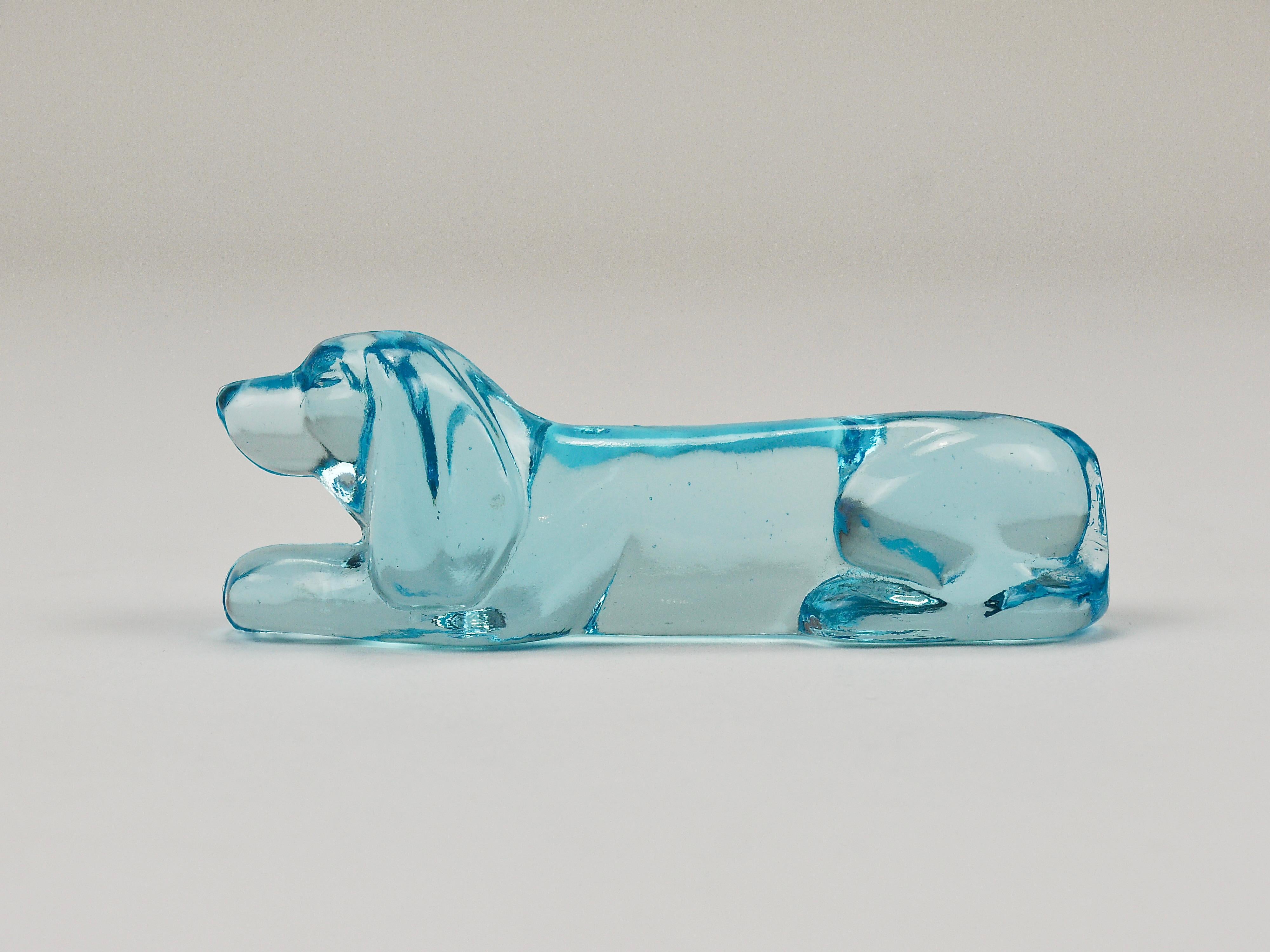 6 French Art Deco Dachshund Basset Hound Knife Rests, Light Blue Glass, 1930s For Sale 8