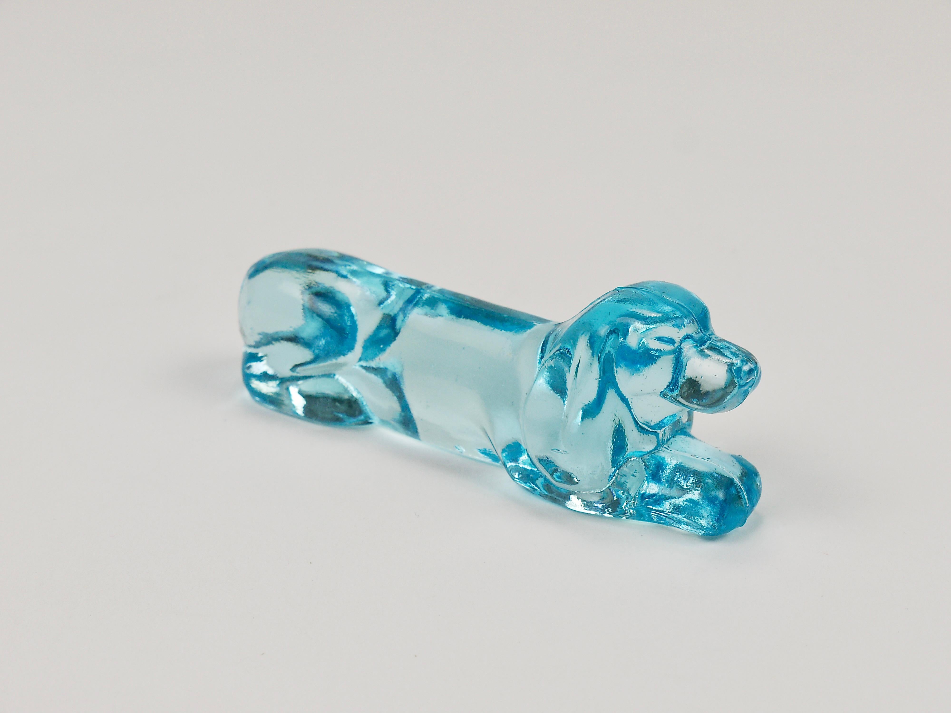 6 French Art Deco Dachshund Basset Hound Knife Rests, Light Blue Glass, 1930s For Sale 9