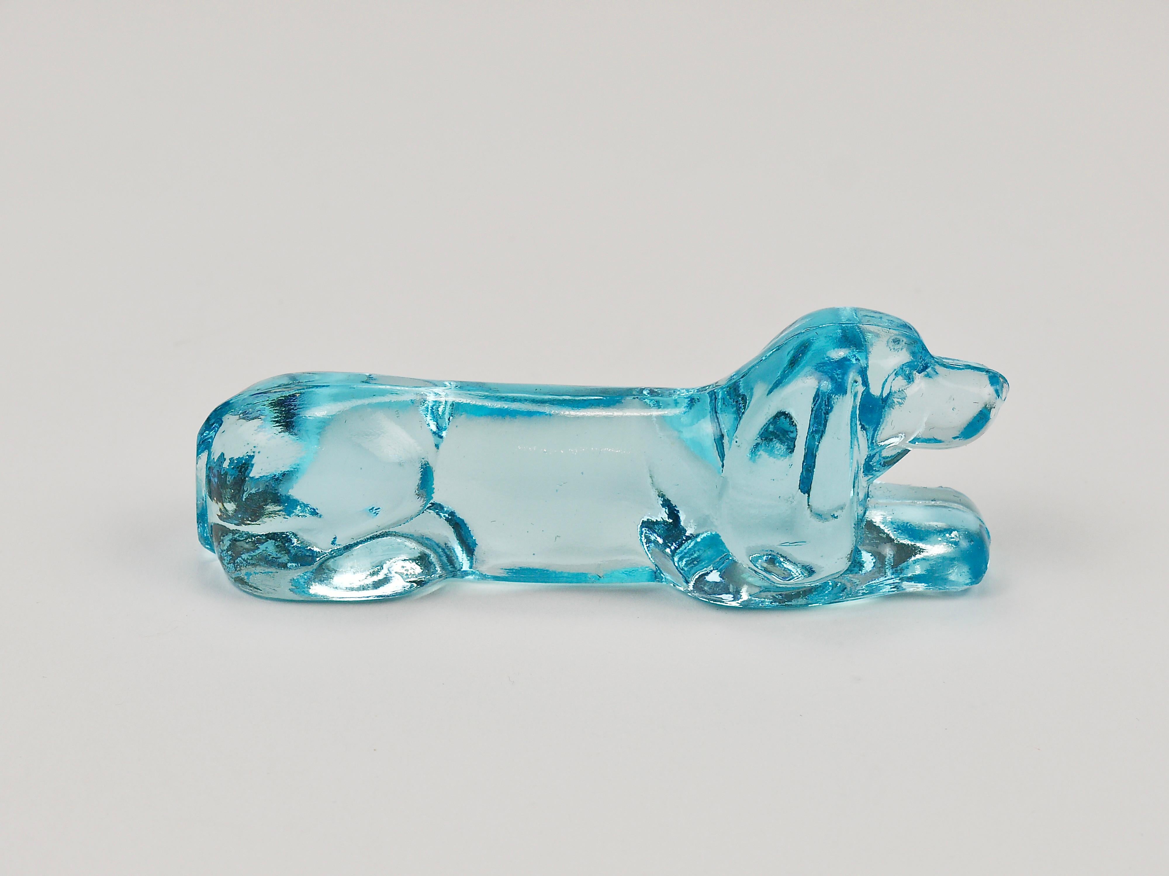 6 French Art Deco Dachshund Basset Hound Knife Rests, Light Blue Glass, 1930s For Sale 10