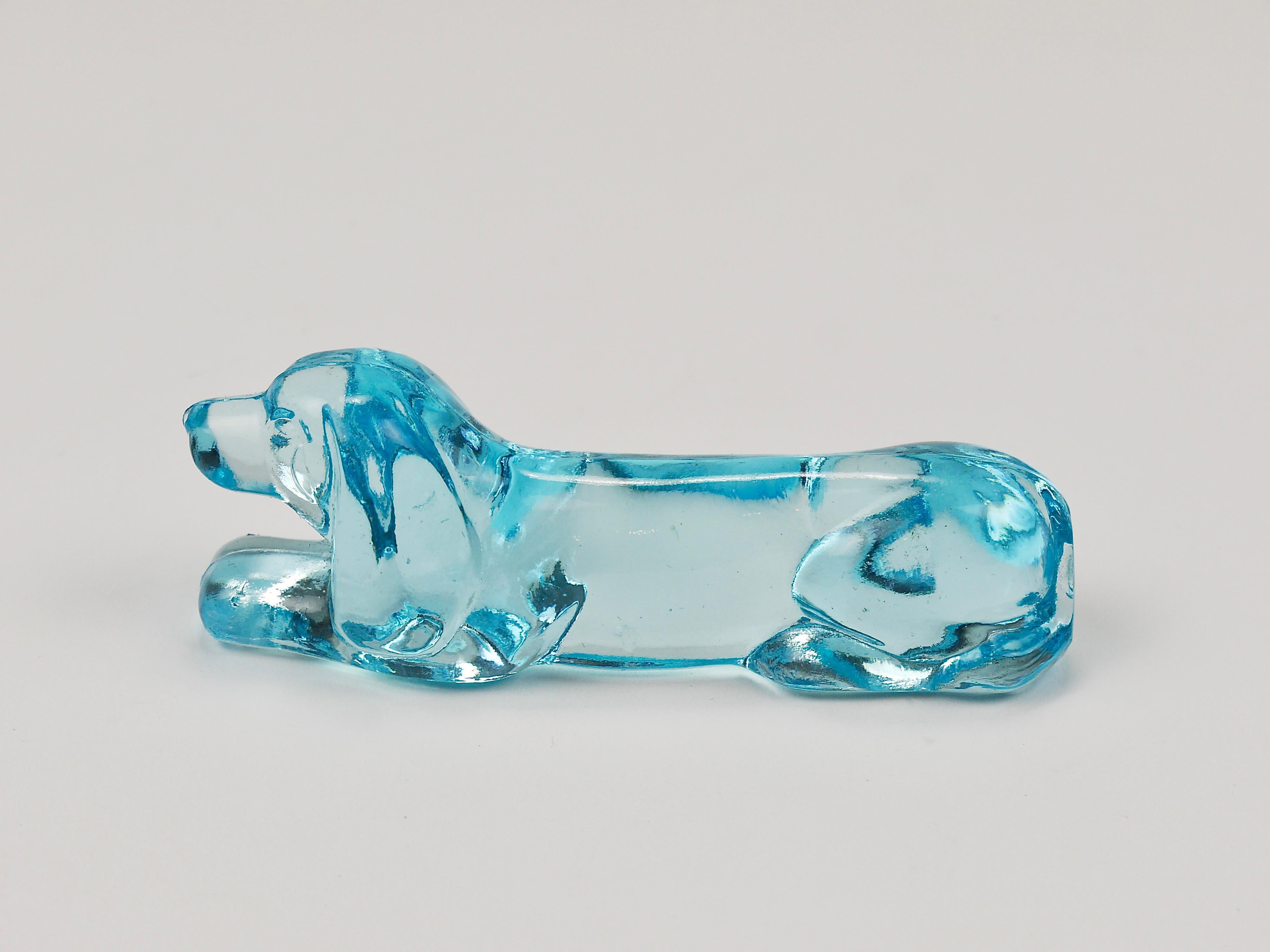 6 French Art Deco Dachshund Basset Hound Knife Rests, Light Blue Glass, 1930s For Sale 11