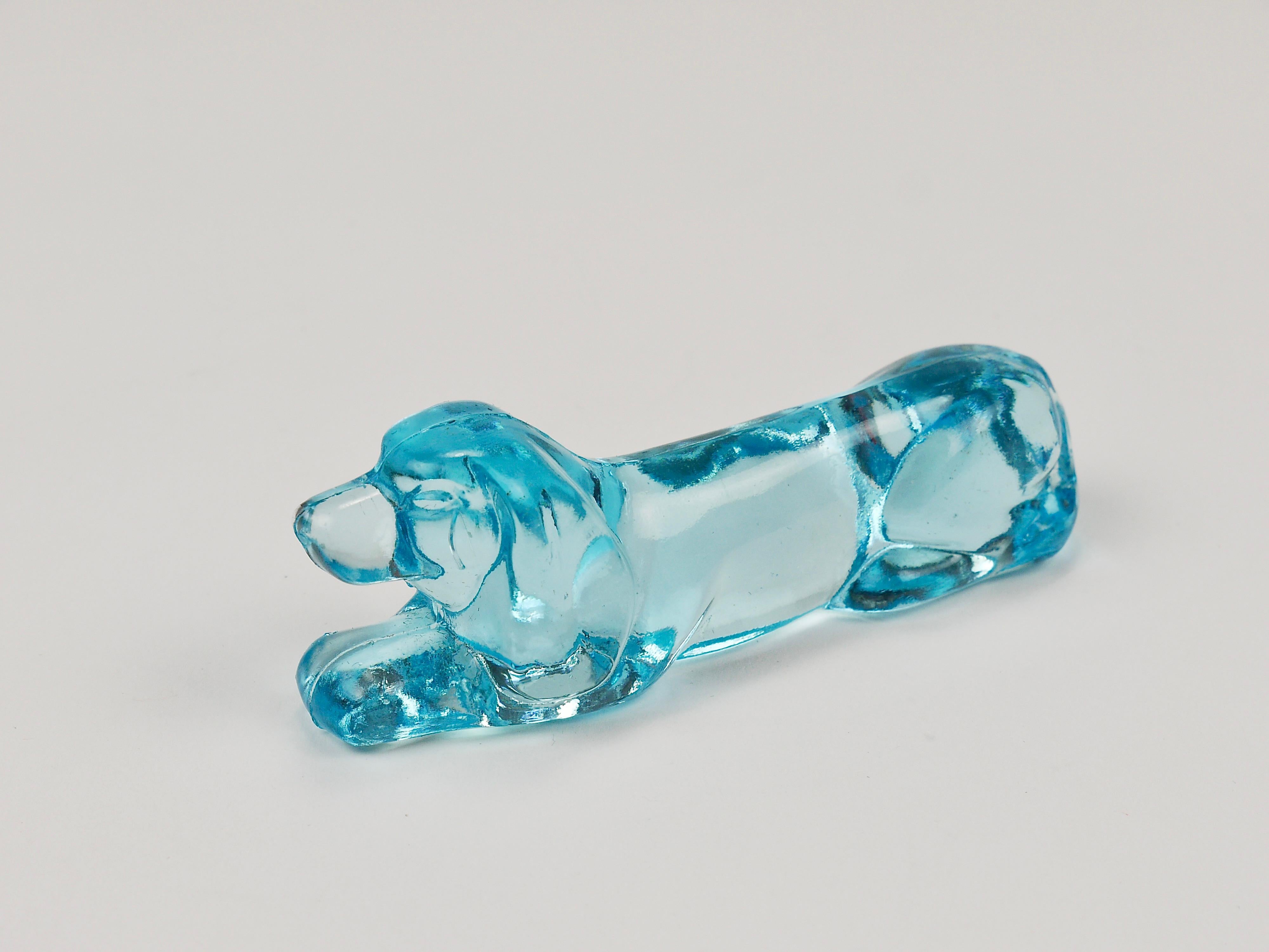 6 French Art Deco Dachshund Basset Hound Knife Rests, Light Blue Glass, 1930s For Sale 12