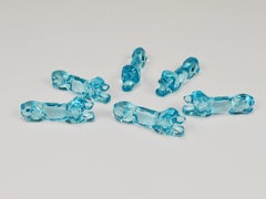6 French Art Deco Dachshund Basset Hound Knife Rests, Light Blue Glass, 1930s