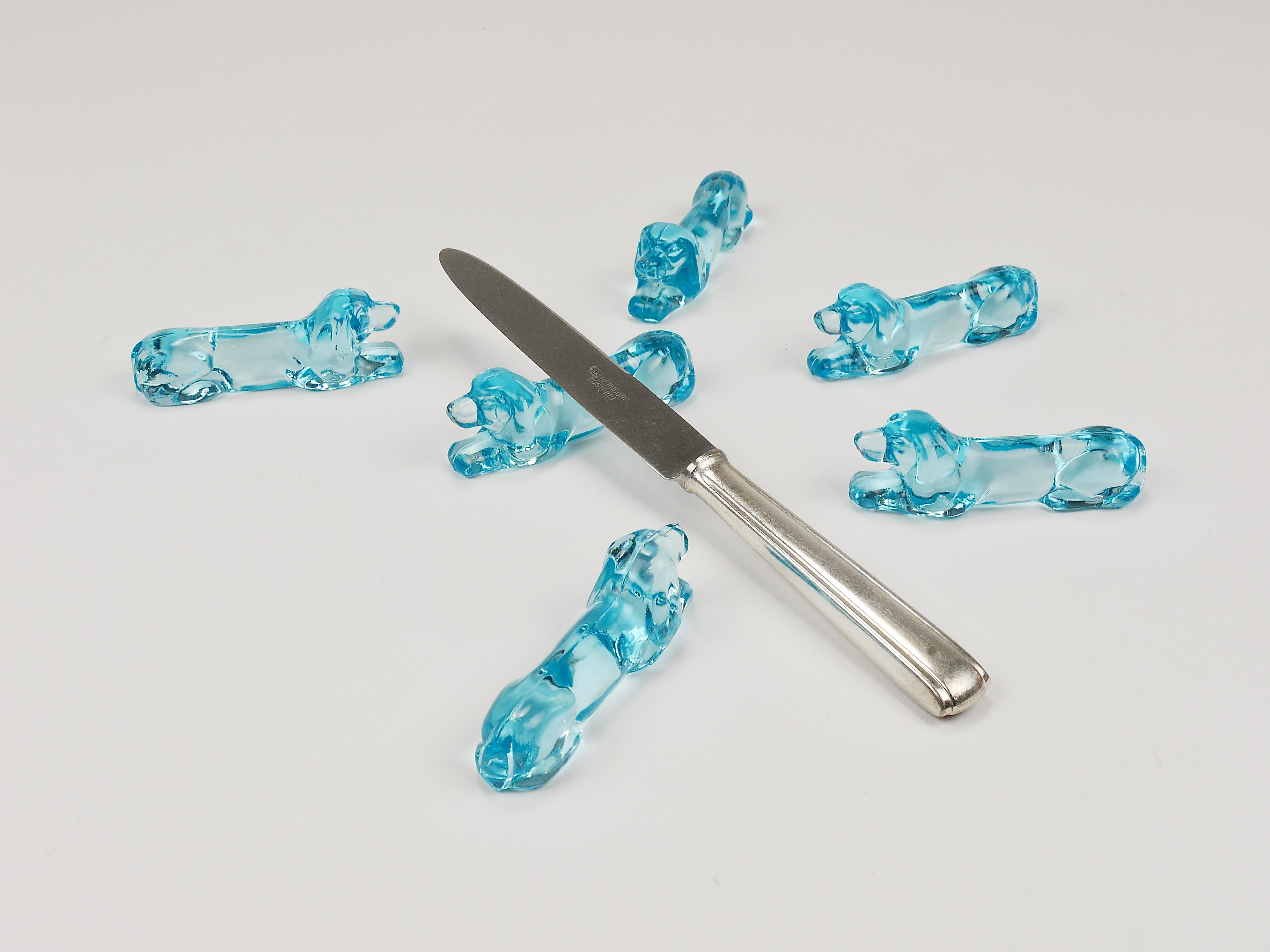 6 French Art Deco Dachshund Basset Hound Knife Rests, Light Blue Glass, 1930s For Sale 1