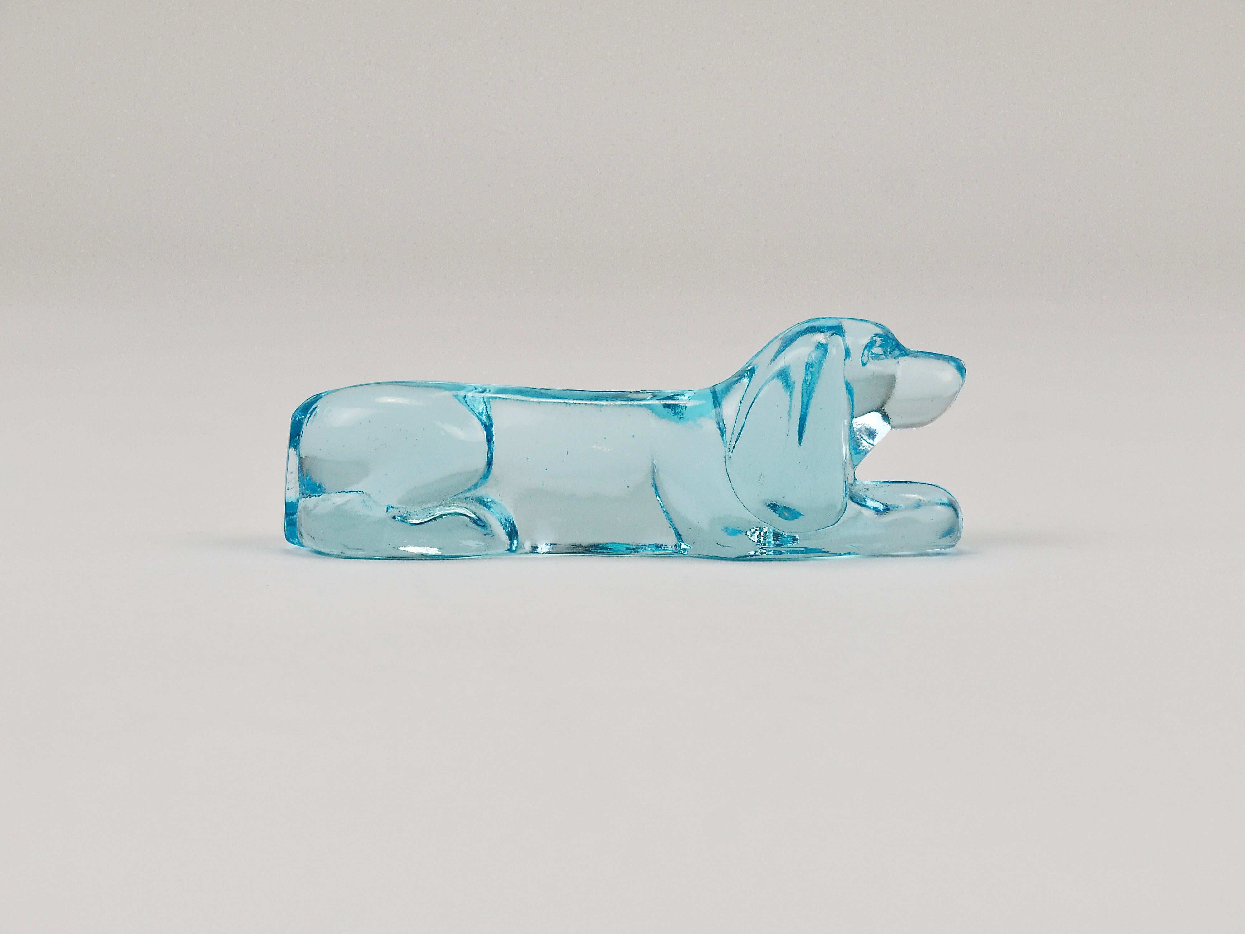 6 French Art Deco Dachshund Basset Hound Knife Rests, Light Blue Glass, 1930s For Sale 2