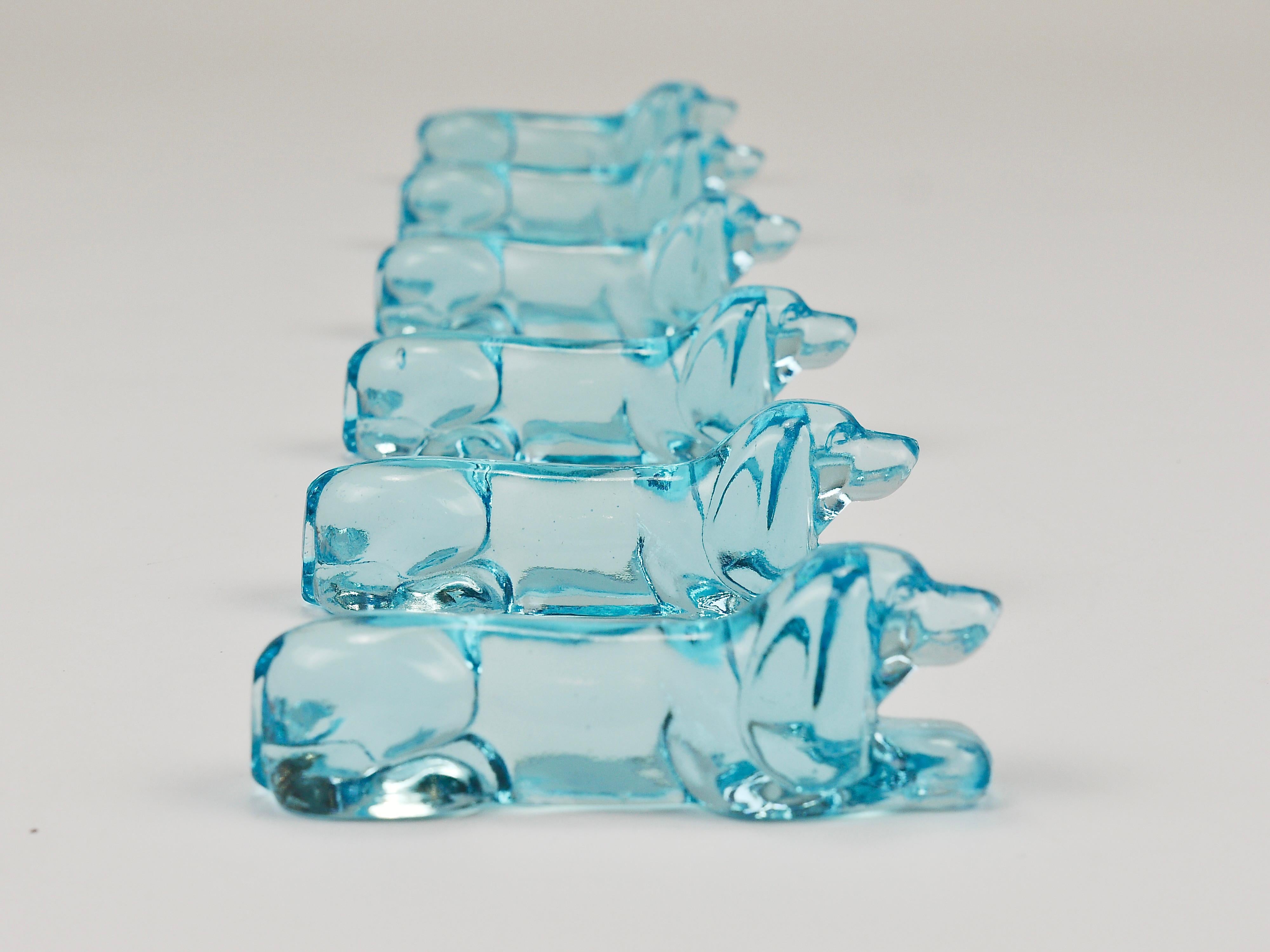 6 French Art Deco Dachshund Basset Hound Knife Rests, Light Blue Glass, 1930s For Sale 3