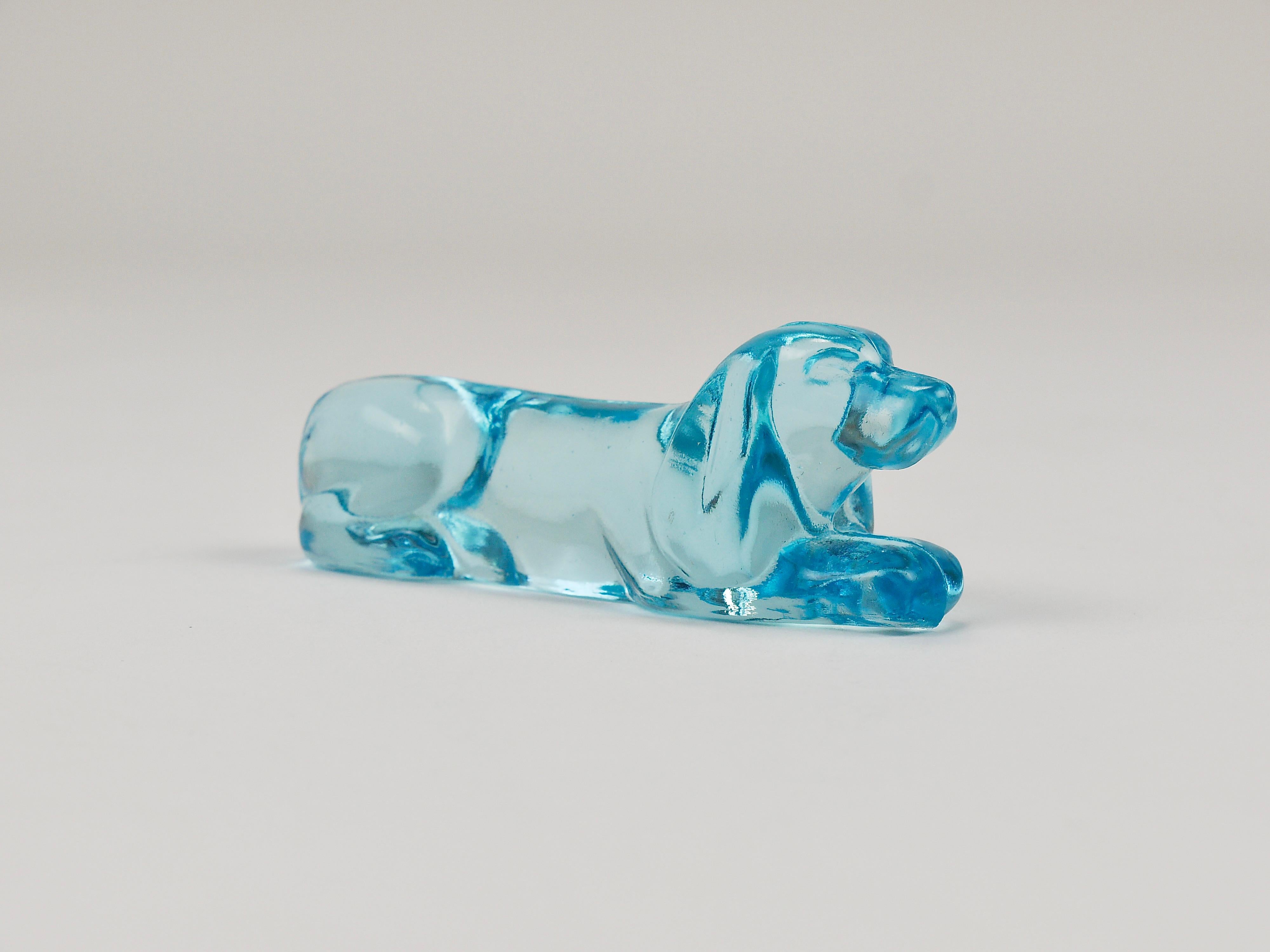 6 French Art Deco Dachshund Basset Hound Knife Rests, Light Blue Glass, 1930s For Sale 4