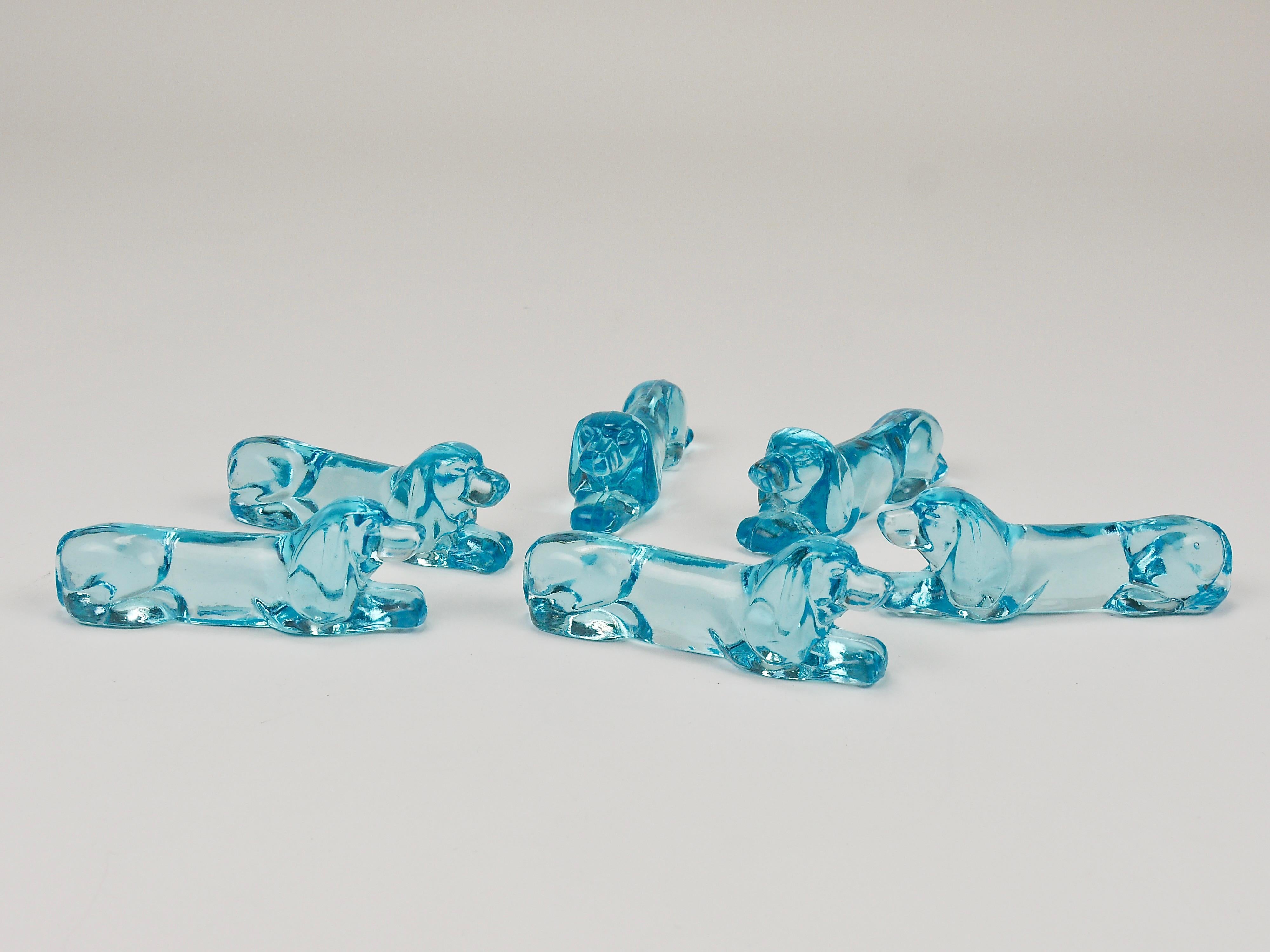 6 French Art Deco Dachshund Basset Hound Knife Rests, Light Blue Glass, 1930s For Sale 5