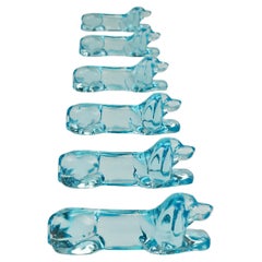 6 French Art Deco Dachshund Basset Hound Knife Rests, Light Blue Glass, 1930s