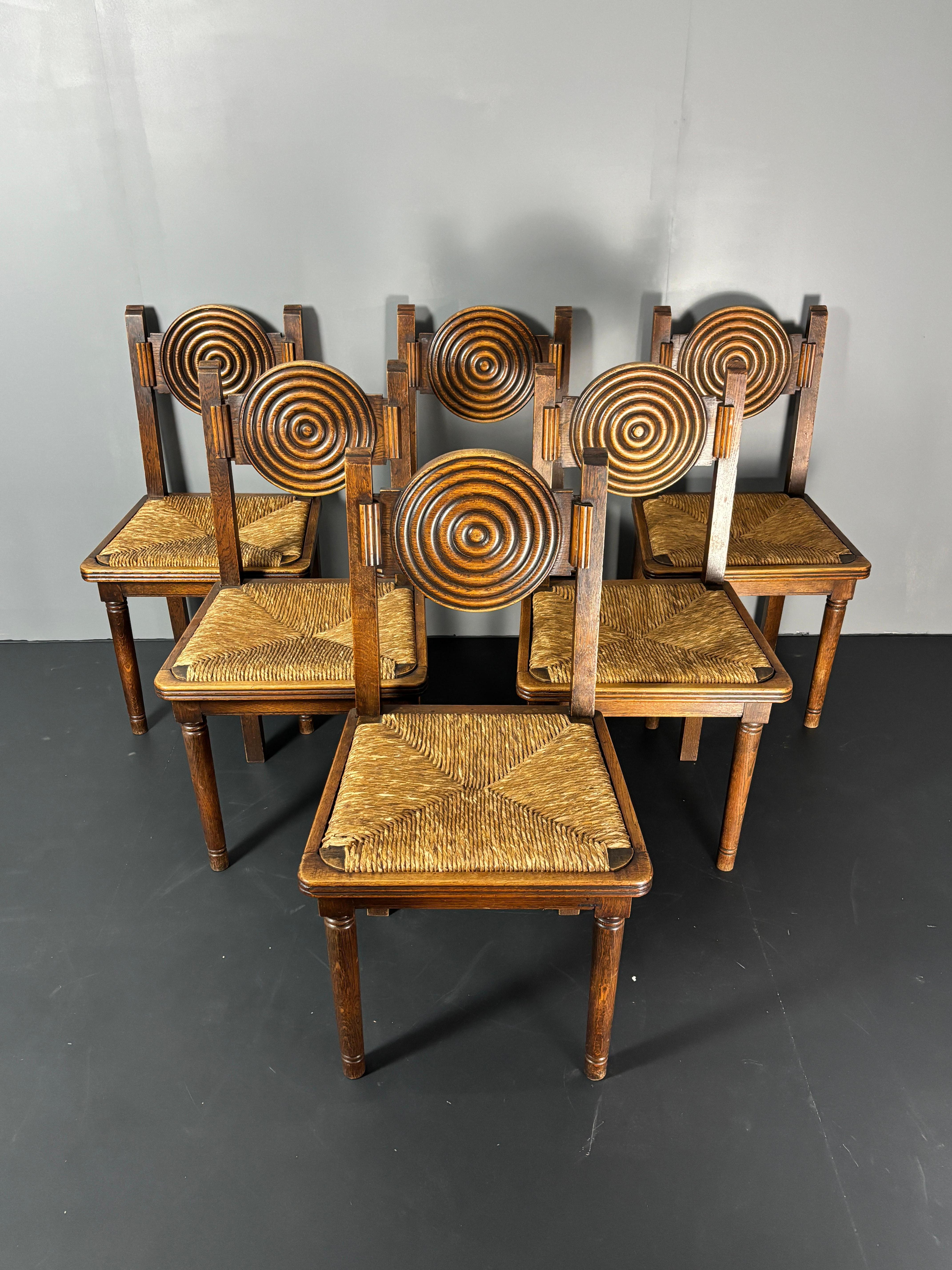 Jonc 6 chaises de salle à manger en jonc tourné en bois de ferme français dans le style de Charles Dudouy en vente