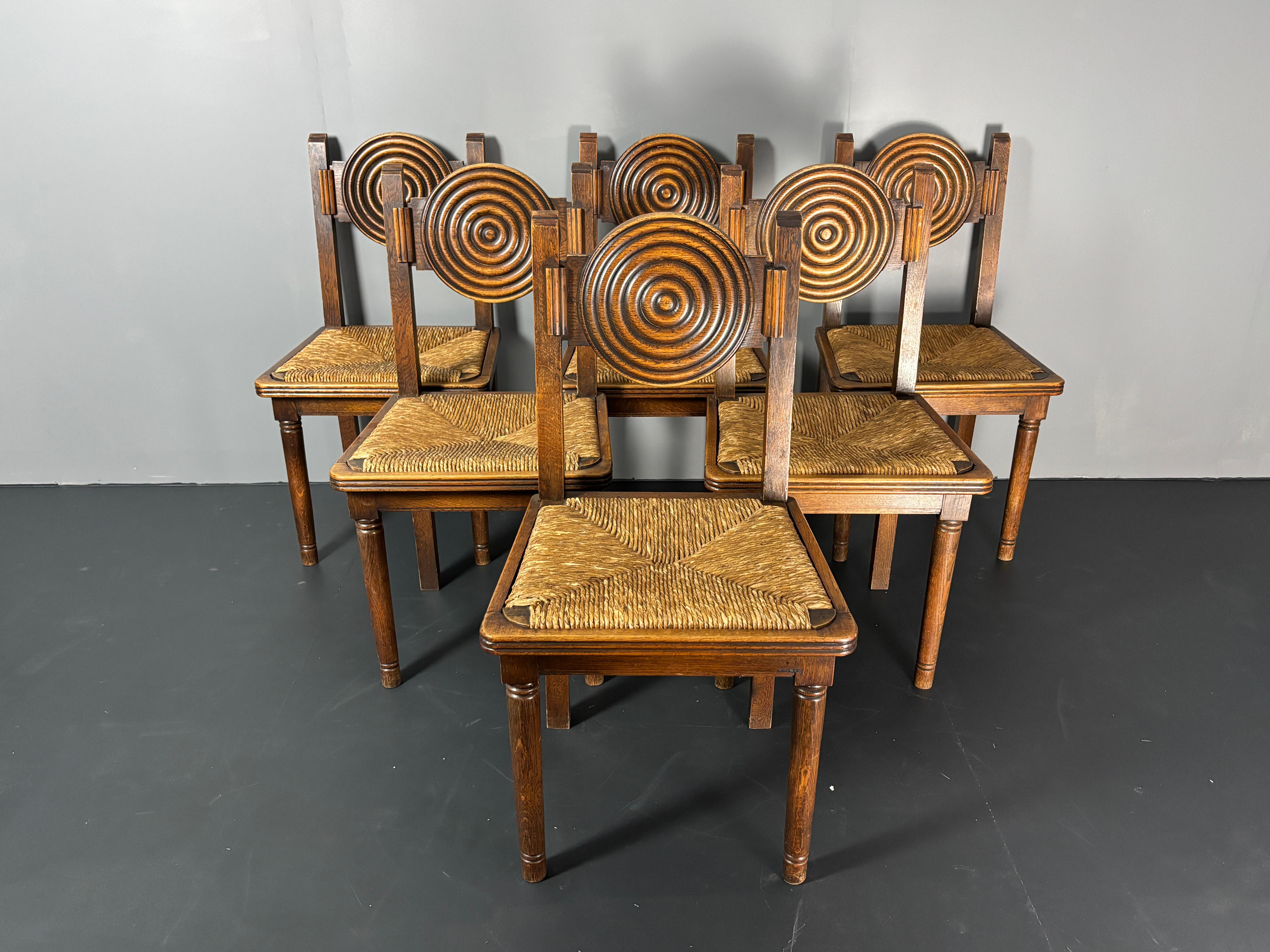 6 chaises de salle à manger en jonc tourné en bois de ferme français dans le style de Charles Dudouy en vente 1