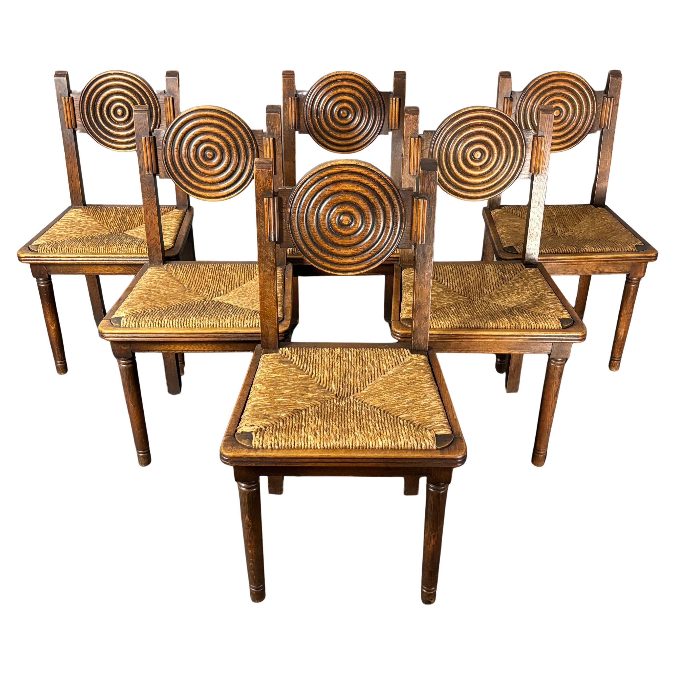 6 chaises de salle à manger en jonc tourné en bois de ferme français dans le style de Charles Dudouy