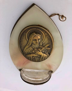 6 French Holy Water Fonts with Metal Medallions and Gilt Details Mounted On Onyx