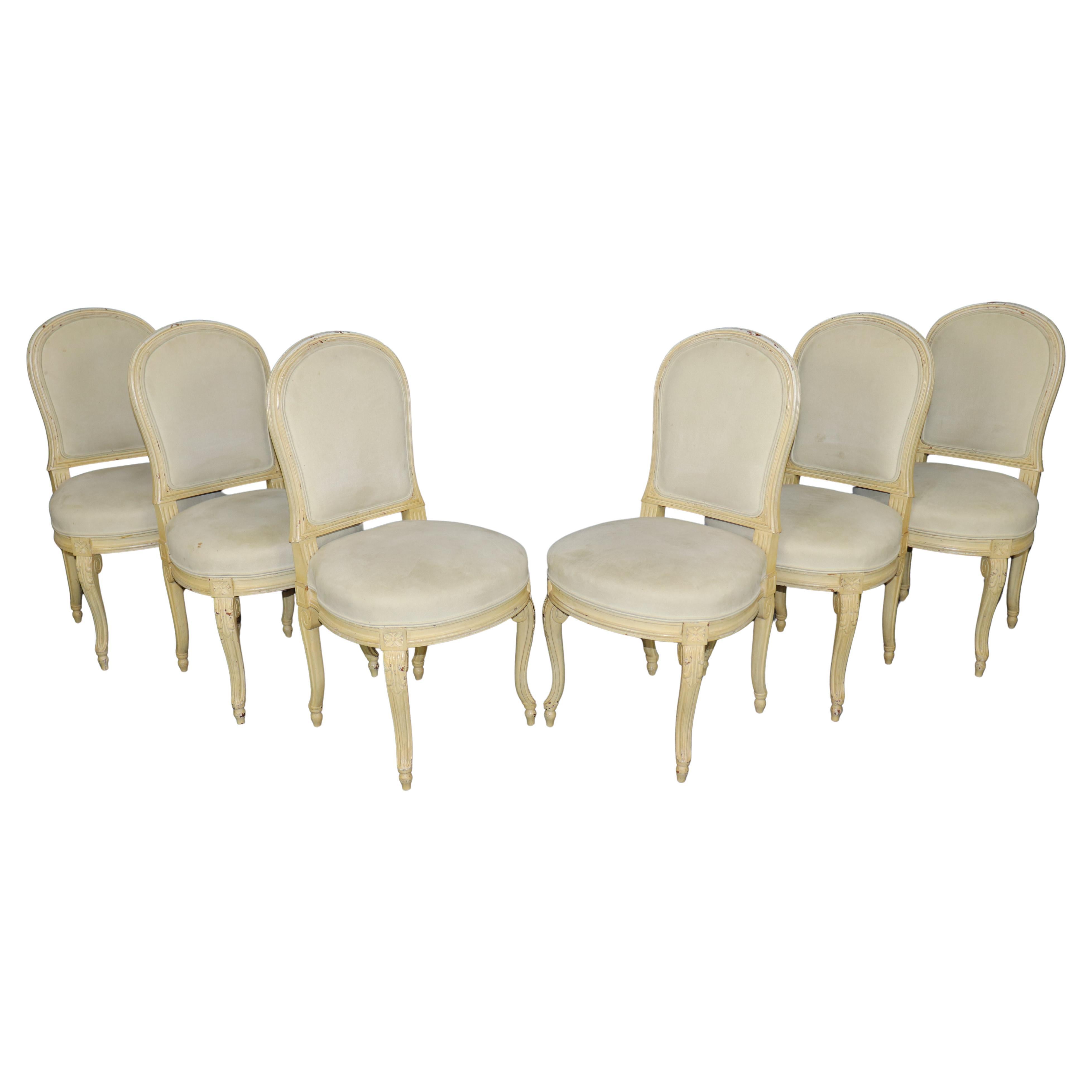 6 French Louis XV Style Early 20th C. Distressed Paint Decorated Side Chairs