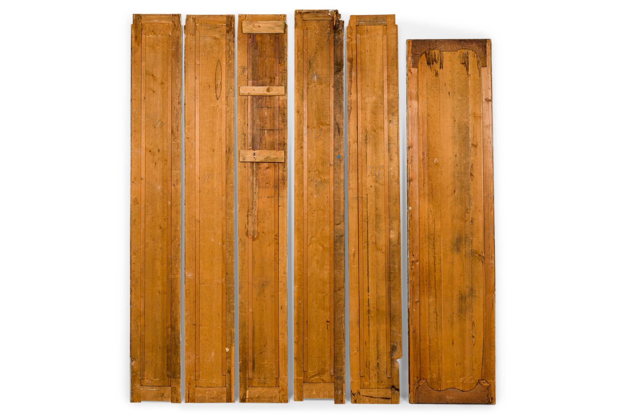 6 French Louis XV style (19th Century) white and gold painted pilaster panels. Size variance, 1 panel: 25