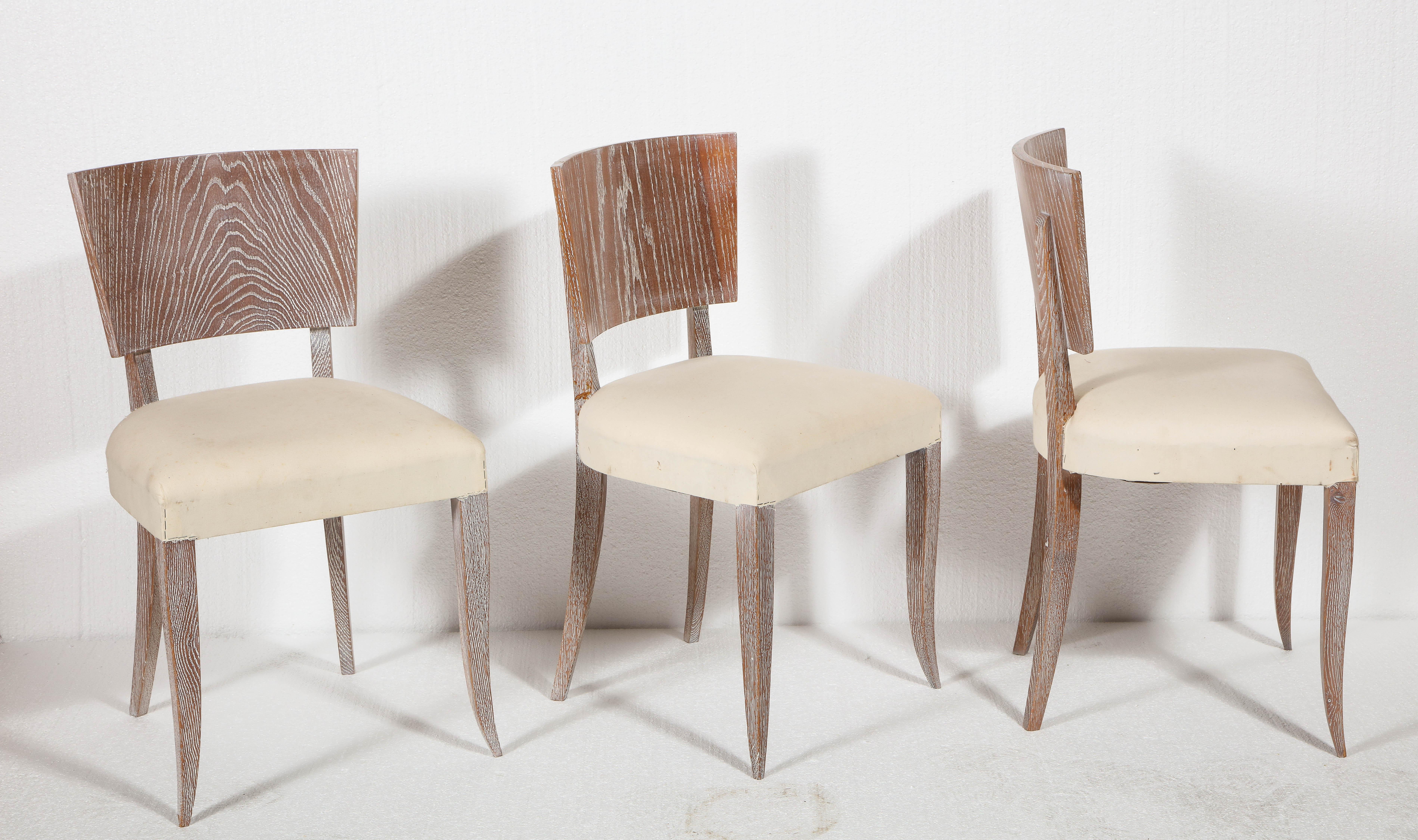 Mid-Century Modern 6 French Art Deco Cerused Oak White Dining Chairs, 1930s For Sale