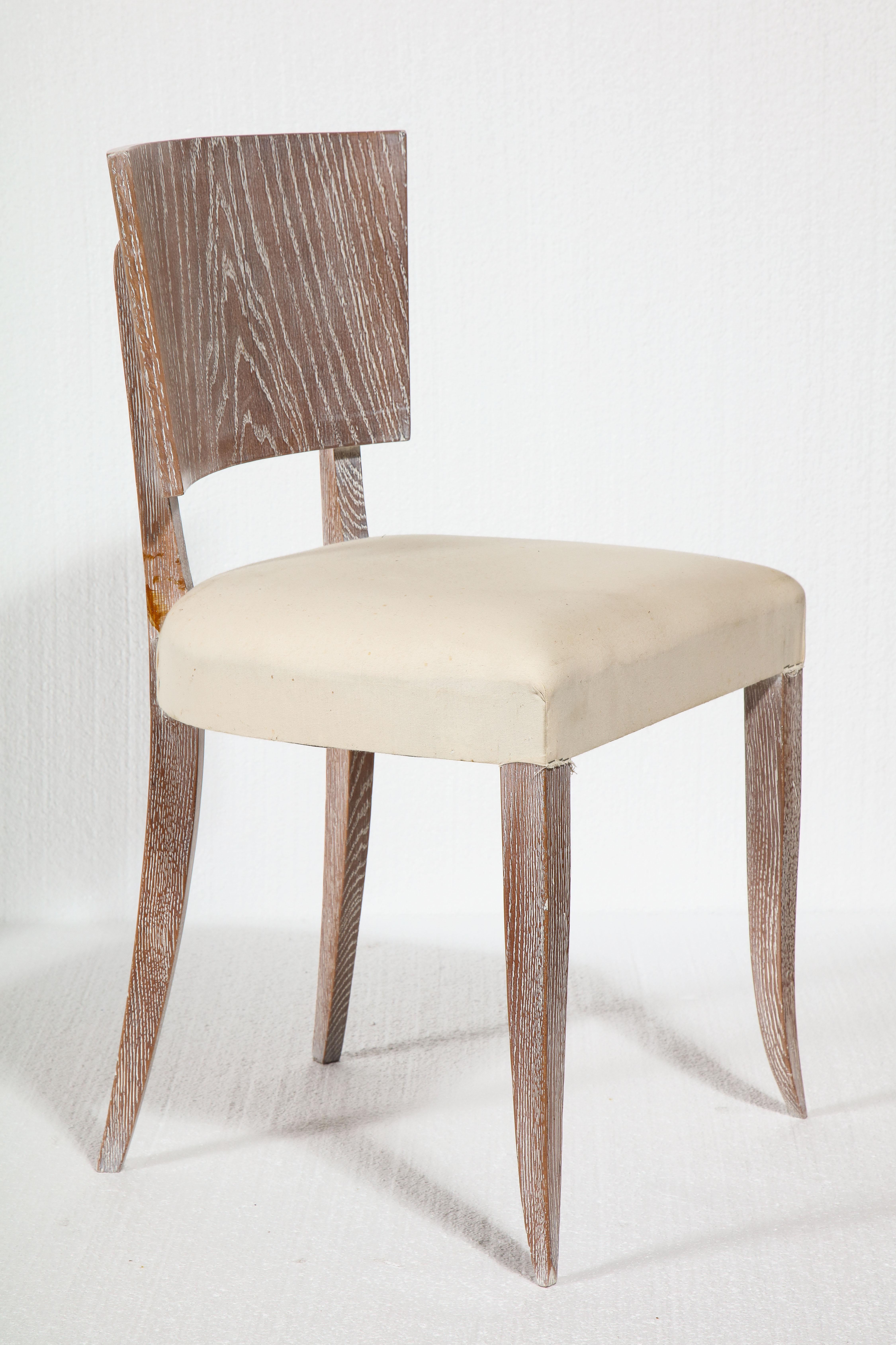 Mid-20th Century 6 French Art Deco Cerused Oak White Dining Chairs, 1930s For Sale
