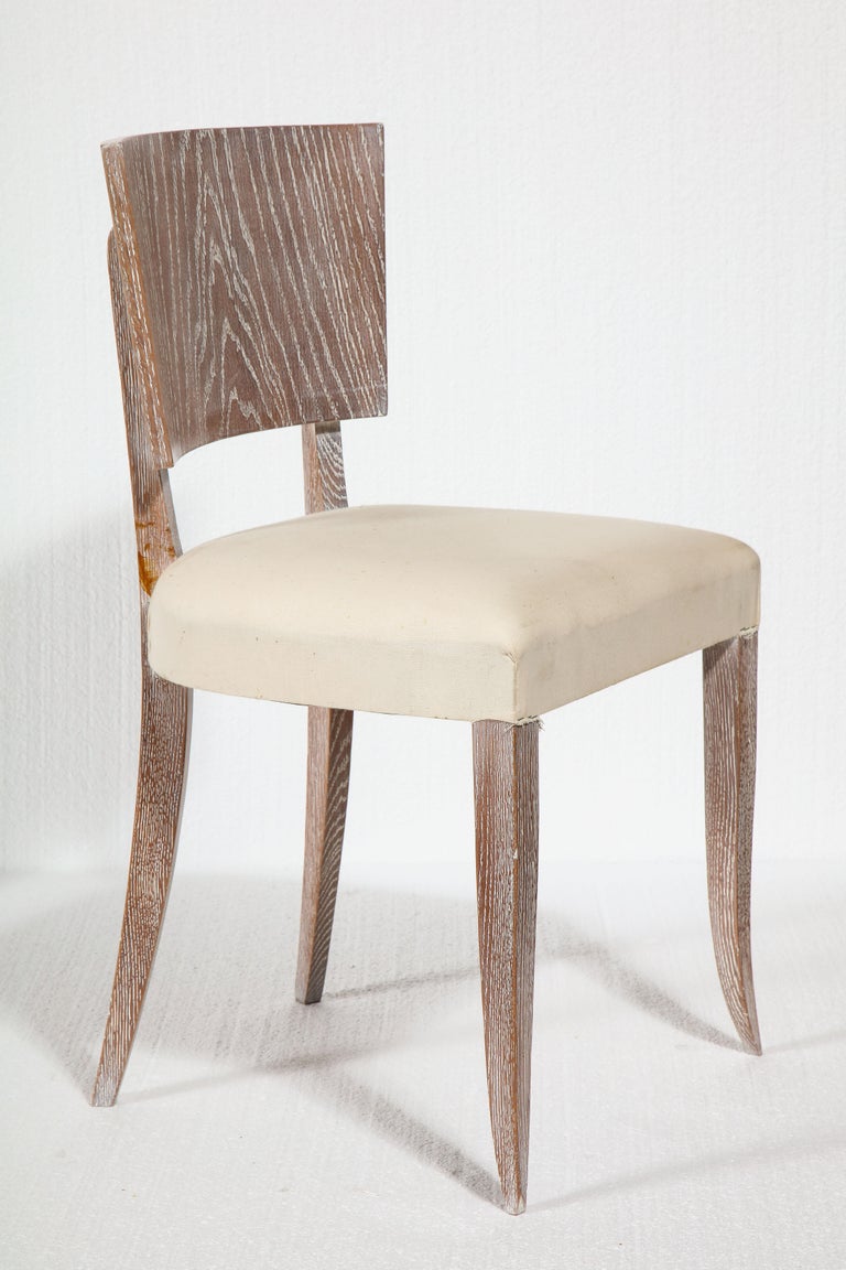 6 French Midcentury Cerused Oak White Dining Chairs, 1950s For Sale at