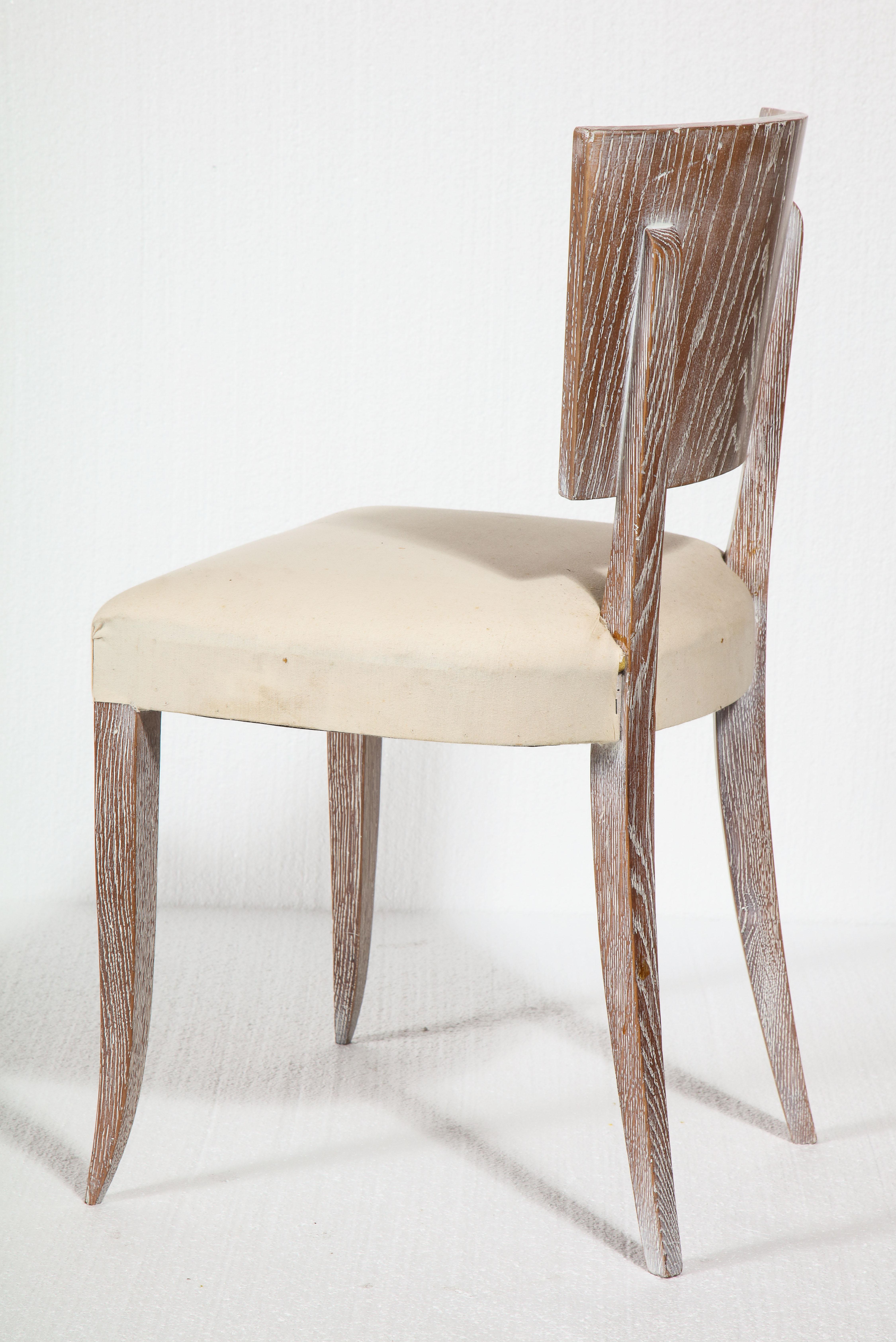 6 French Art Deco Cerused Oak White Dining Chairs, 1930s For Sale 2