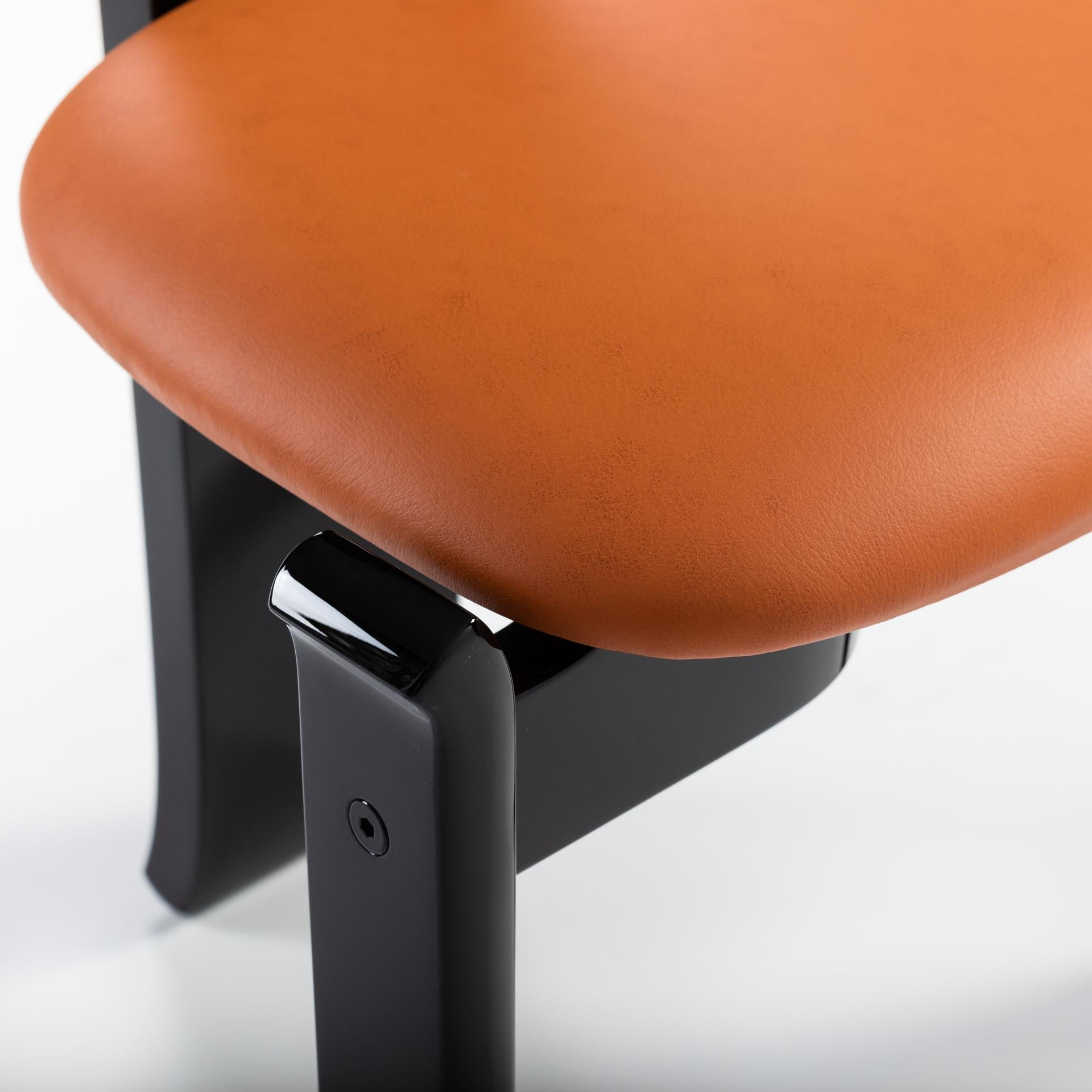 6 French Mid-Century Dining Room Chairs Black Lacquer Hermès Colored Leather For Sale 2