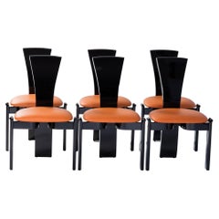 6 Chaises de Salle à Manger French Mid-Century Laque Noire Cuir coloré Hermès