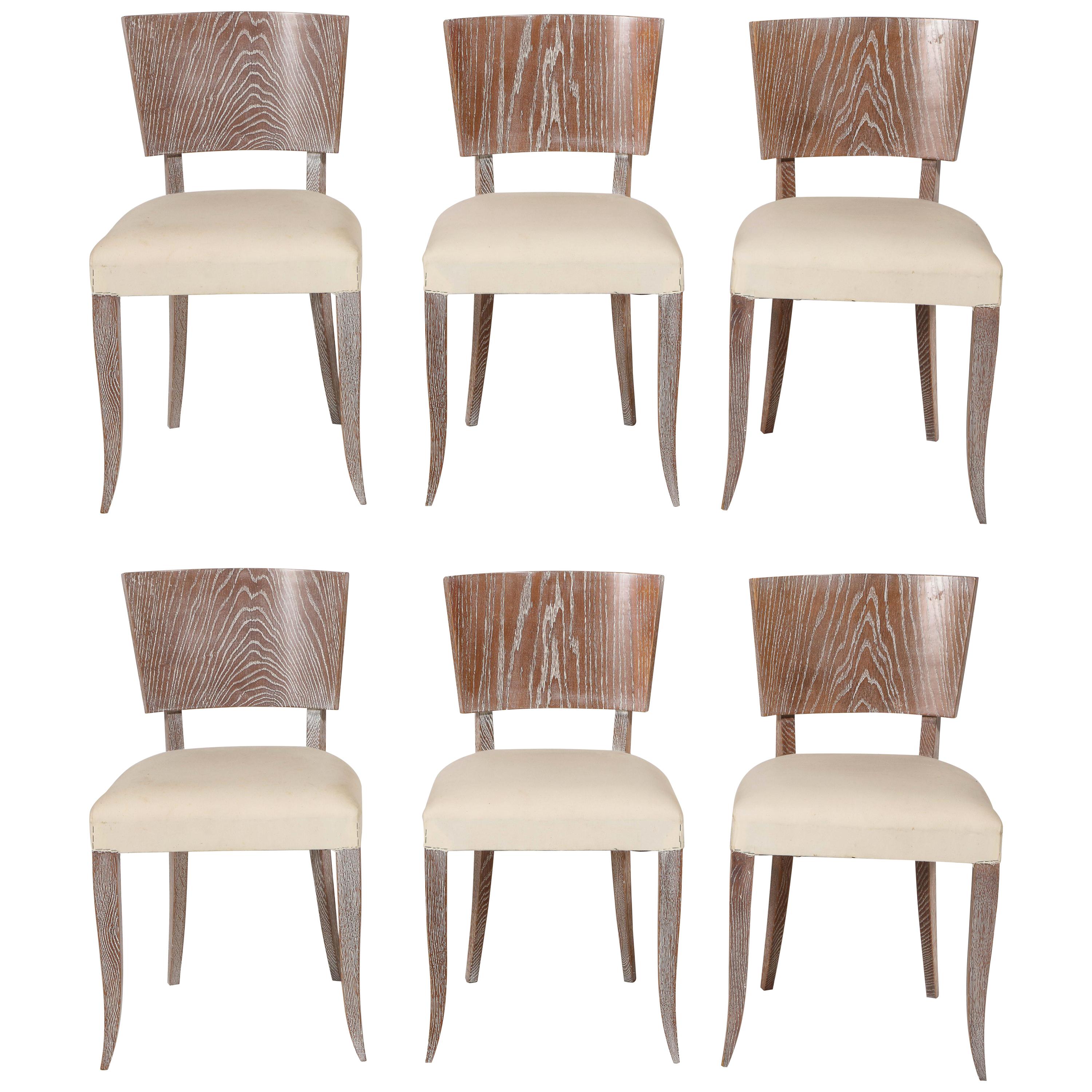 6 French Midcentury Cerused Oak White Dining Chairs, 1950s