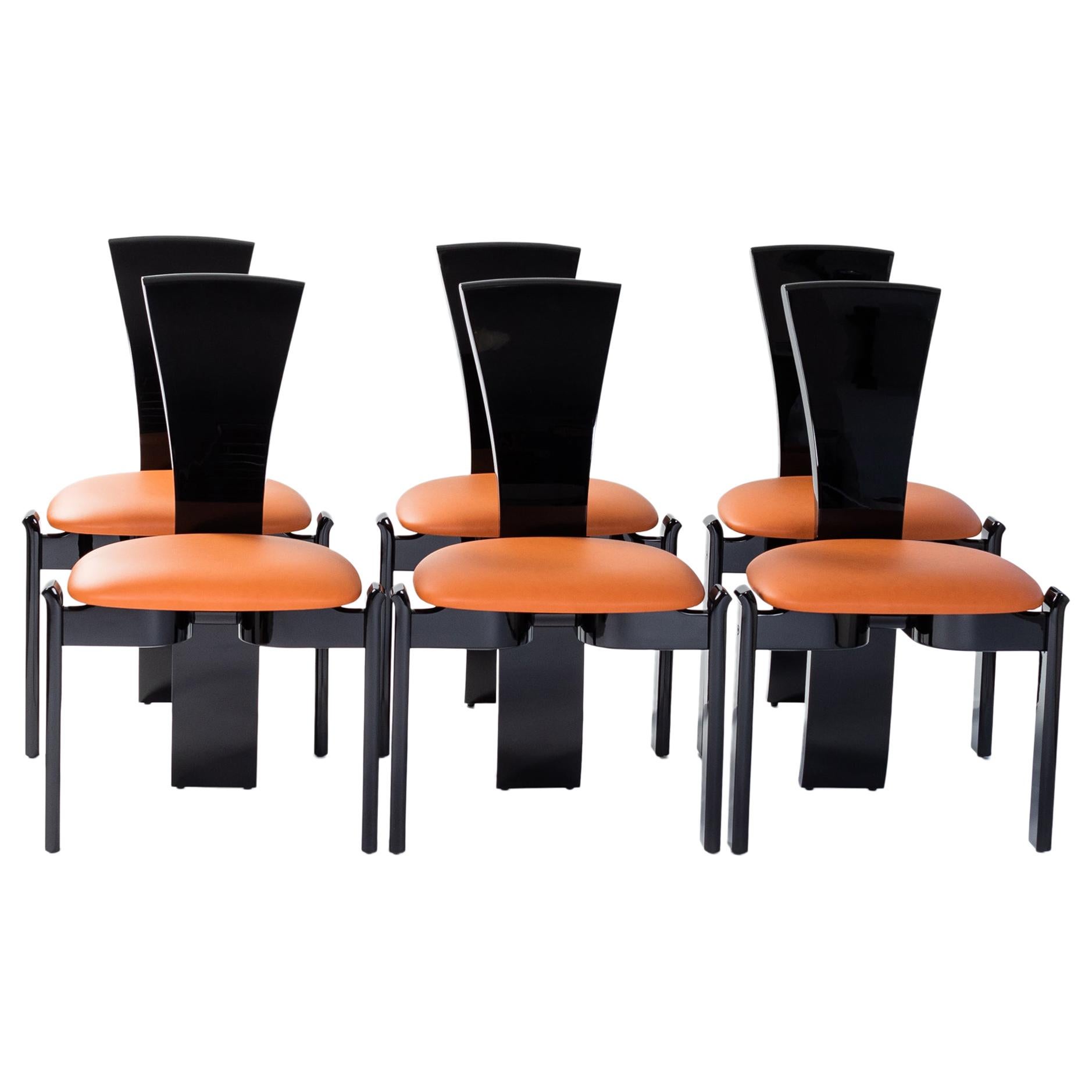 6 French Mid-Century Dining Room Chairs Black Lacquer Hermès Colored Leather For Sale