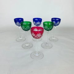 6 French Saint Louis Massenet liquor crystal glasses, colorful, art deco