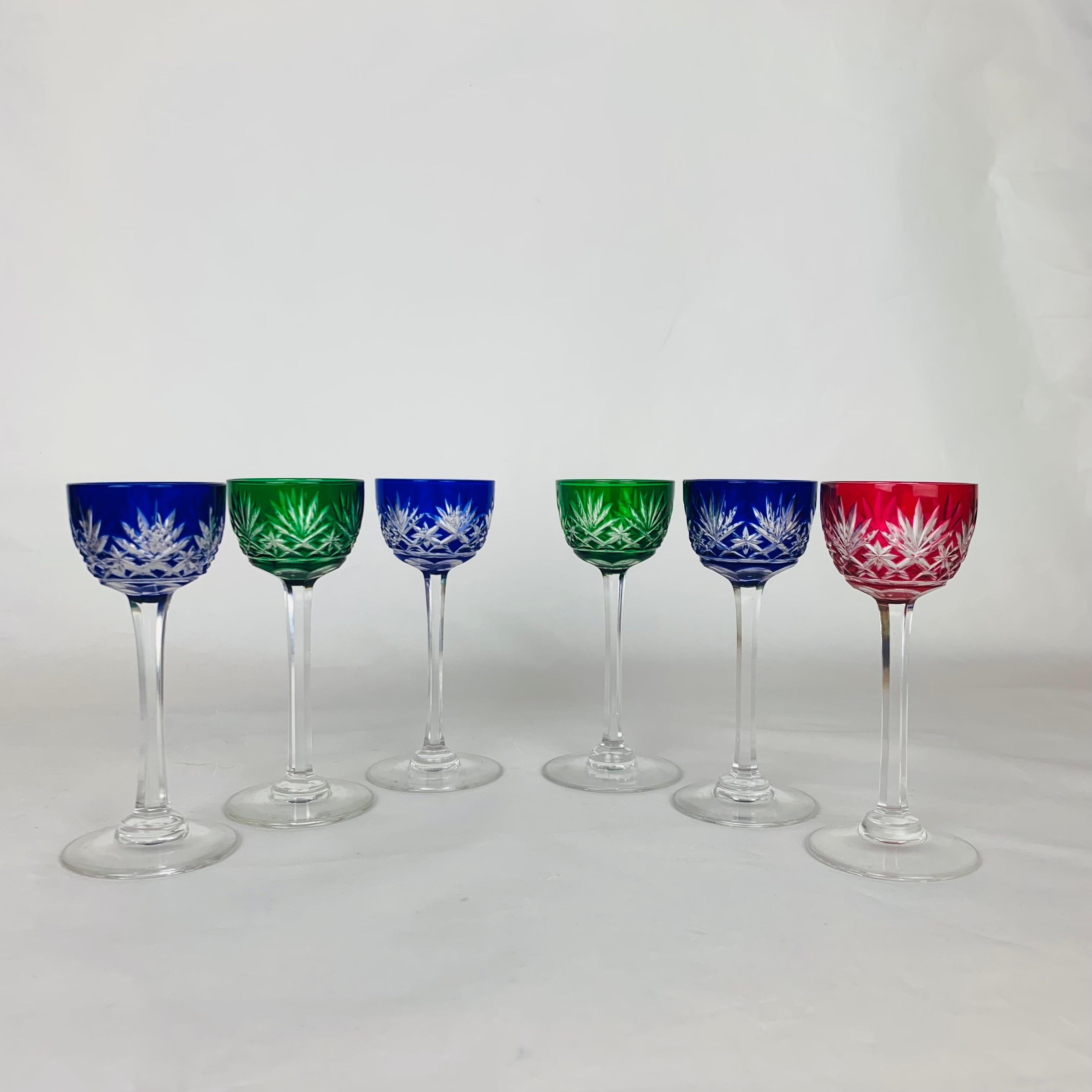 Art Deco 6 French Saint Louis Massenet liquor crystal glasses, colorful, art deco For Sale