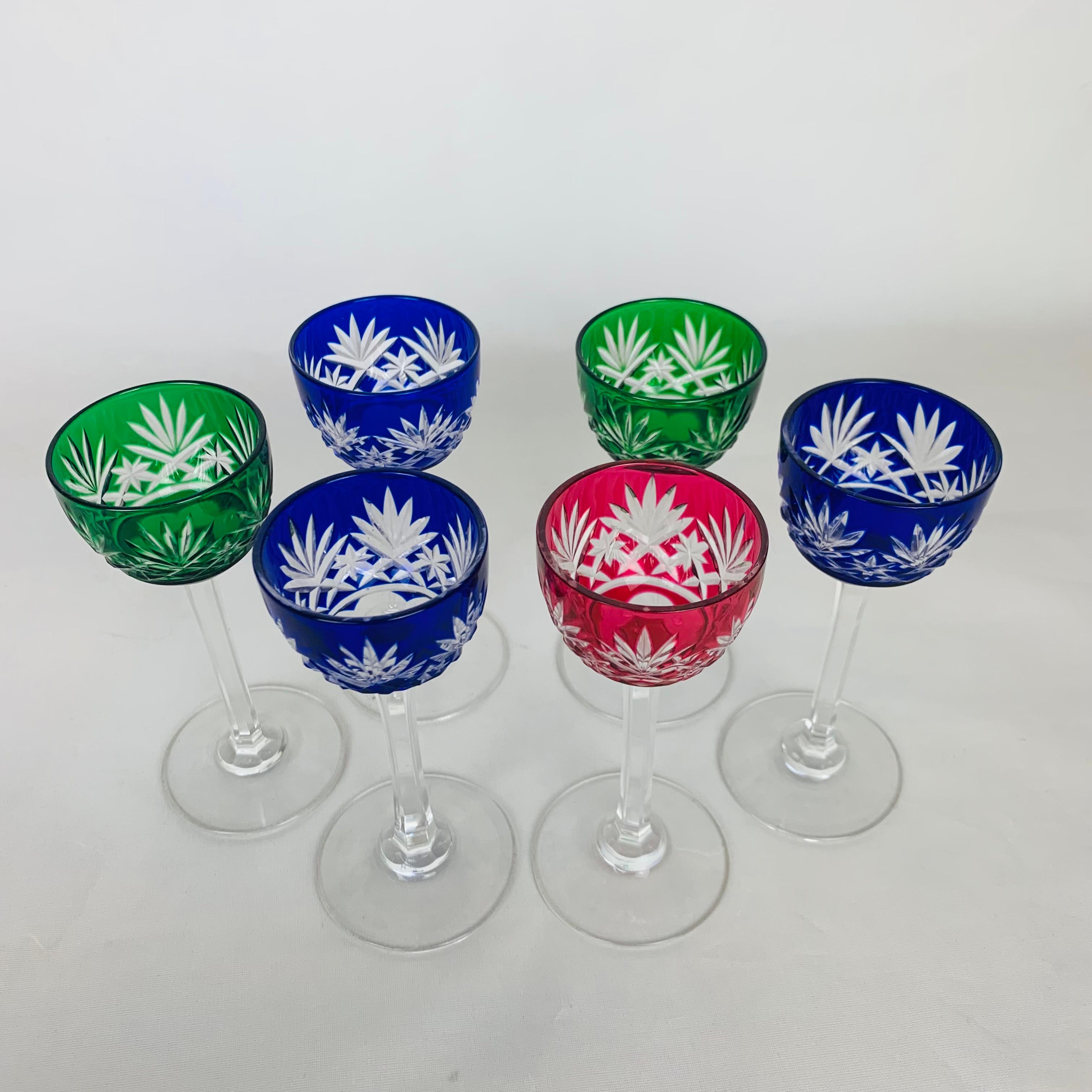 6 French Saint Louis Massenet liquor crystal glasses, colorful, art deco In Excellent Condition For Sale In BELFORT, FR
