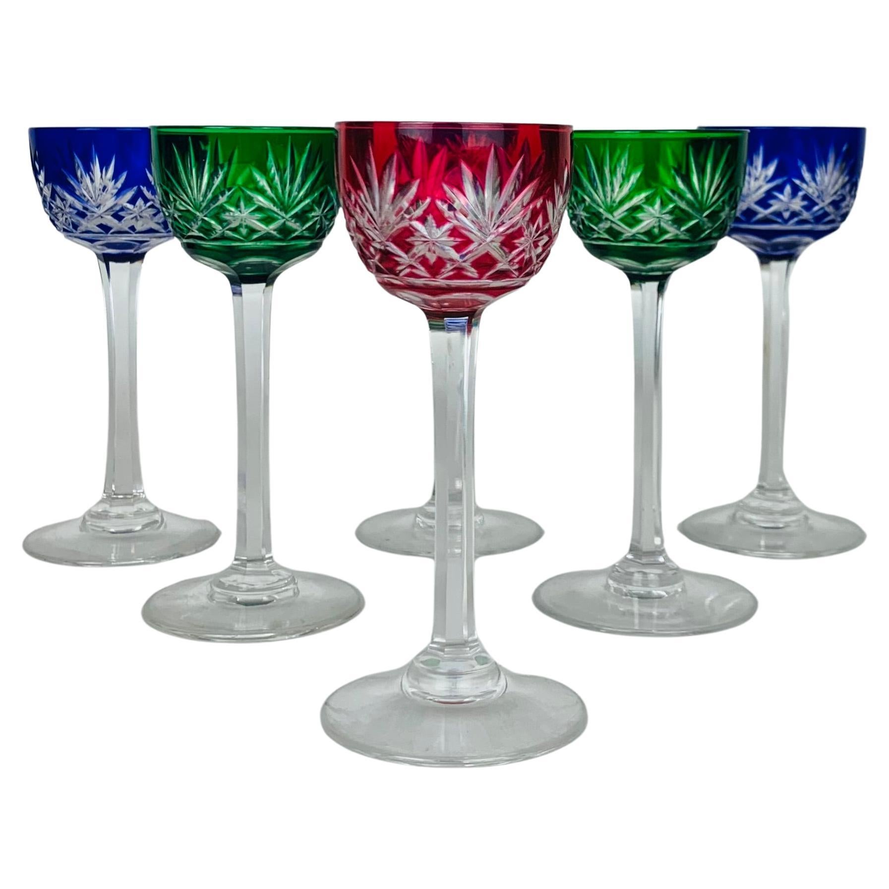 6 French Saint Louis Massenet liquor crystal glasses, colorful, art deco For Sale