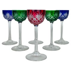 6 French Saint Louis Massenet liquor crystal glasses, colorful, art deco