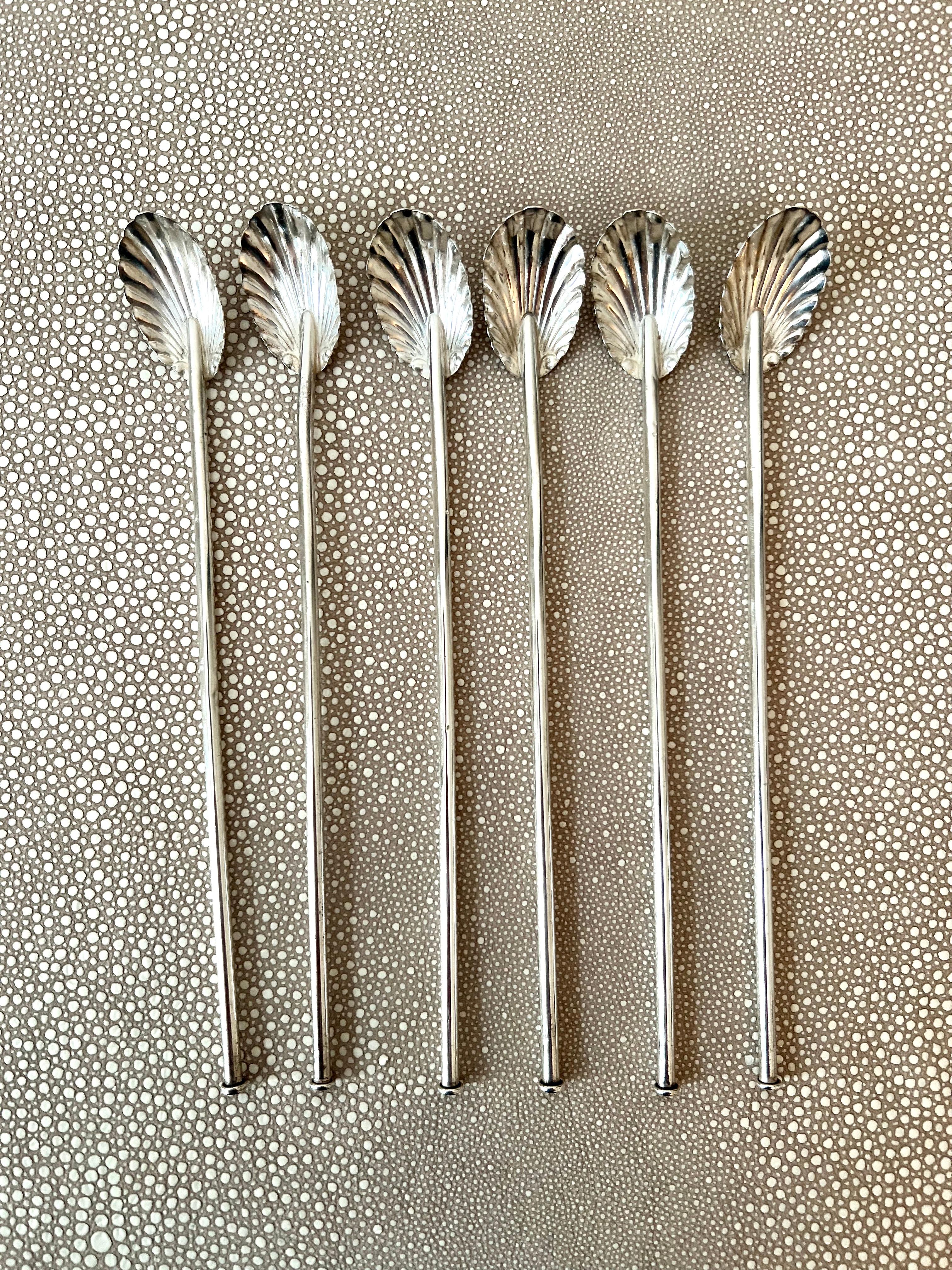 Mid-Century Modern 6 French Sterling Iced Tea Scallop Clam Shell Spoons For Sale