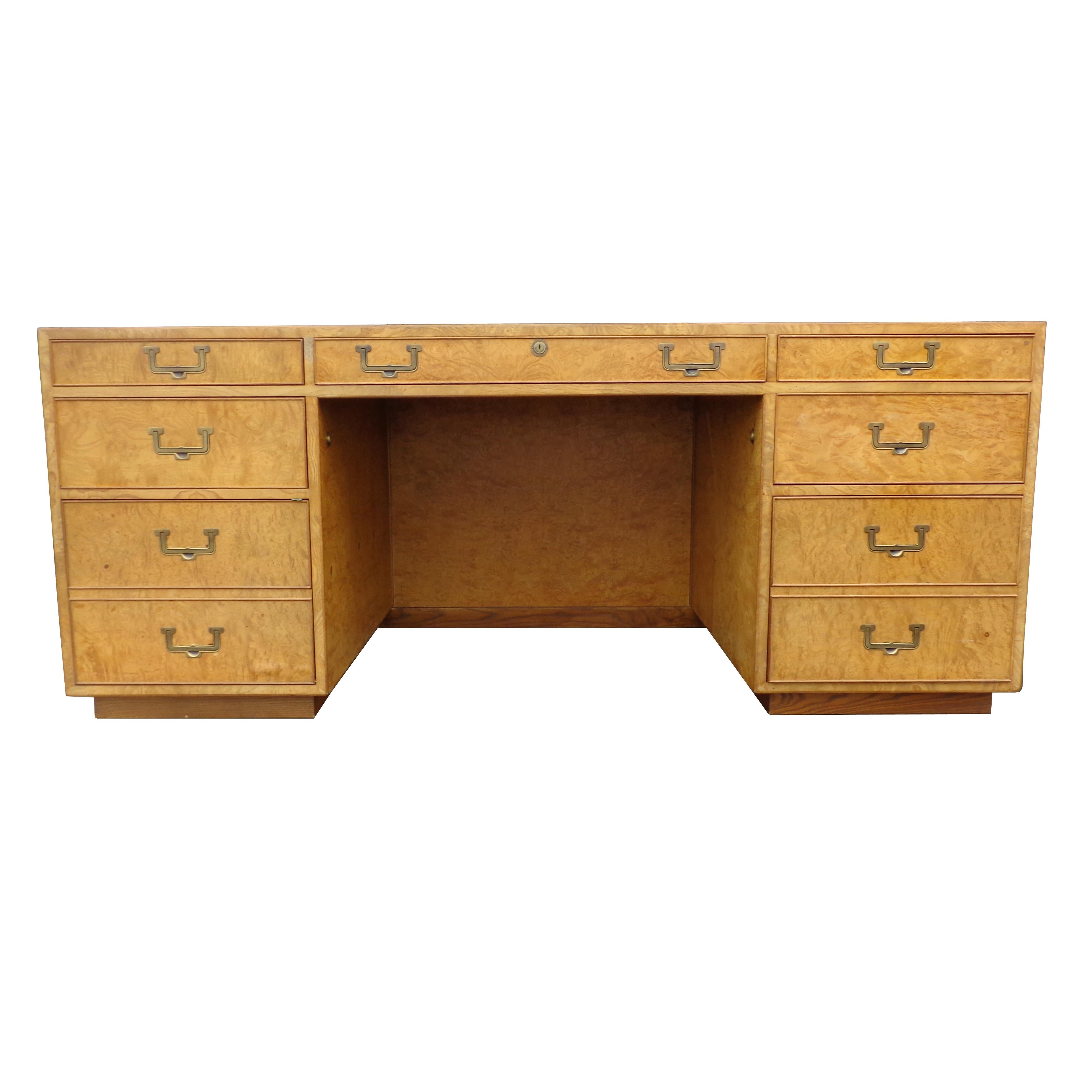 John Widdicomb Campaign Burl Kneehole Credenza Desk 6