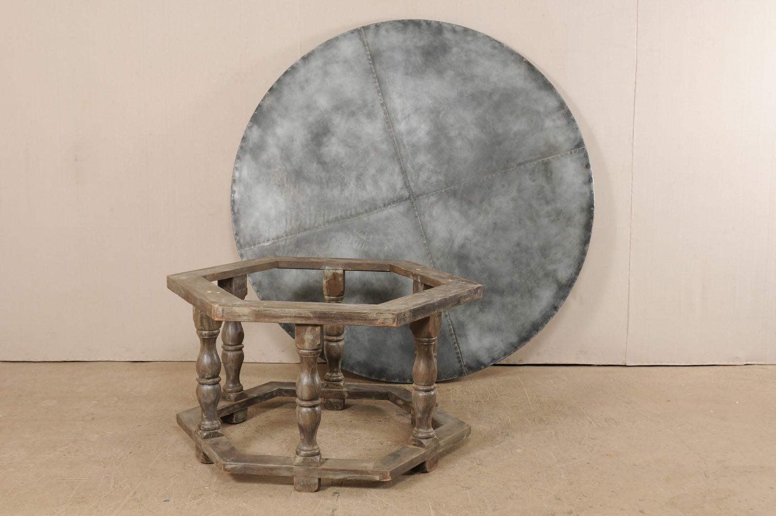 Round Zinc Top Painted Wood Table with Hexagon Base 4