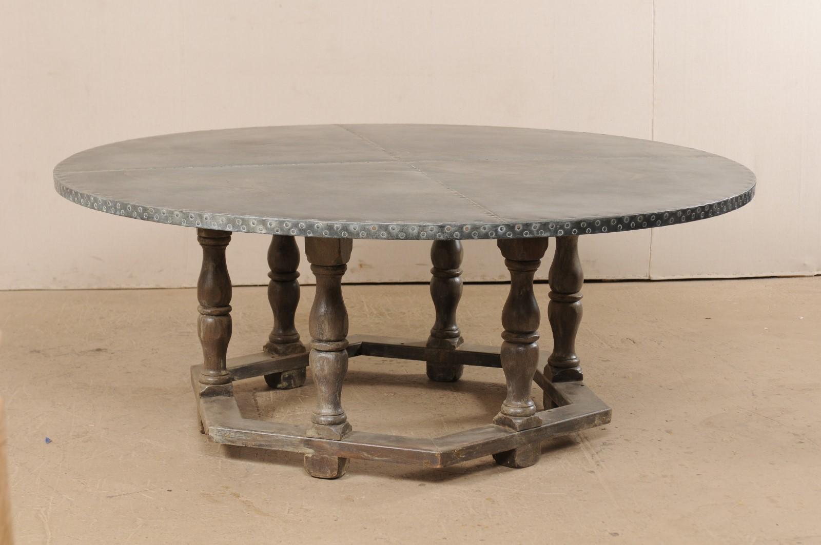 American Round Zinc Top Painted Wood Table with Hexagon Base