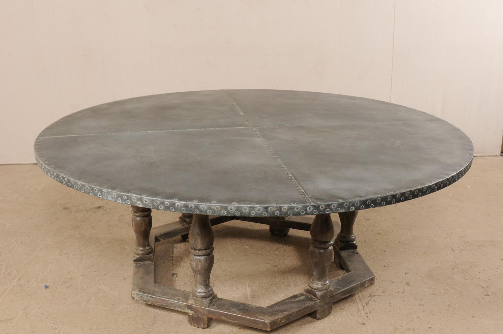 Round Zinc Top Painted Wood Table with Hexagon Base 2