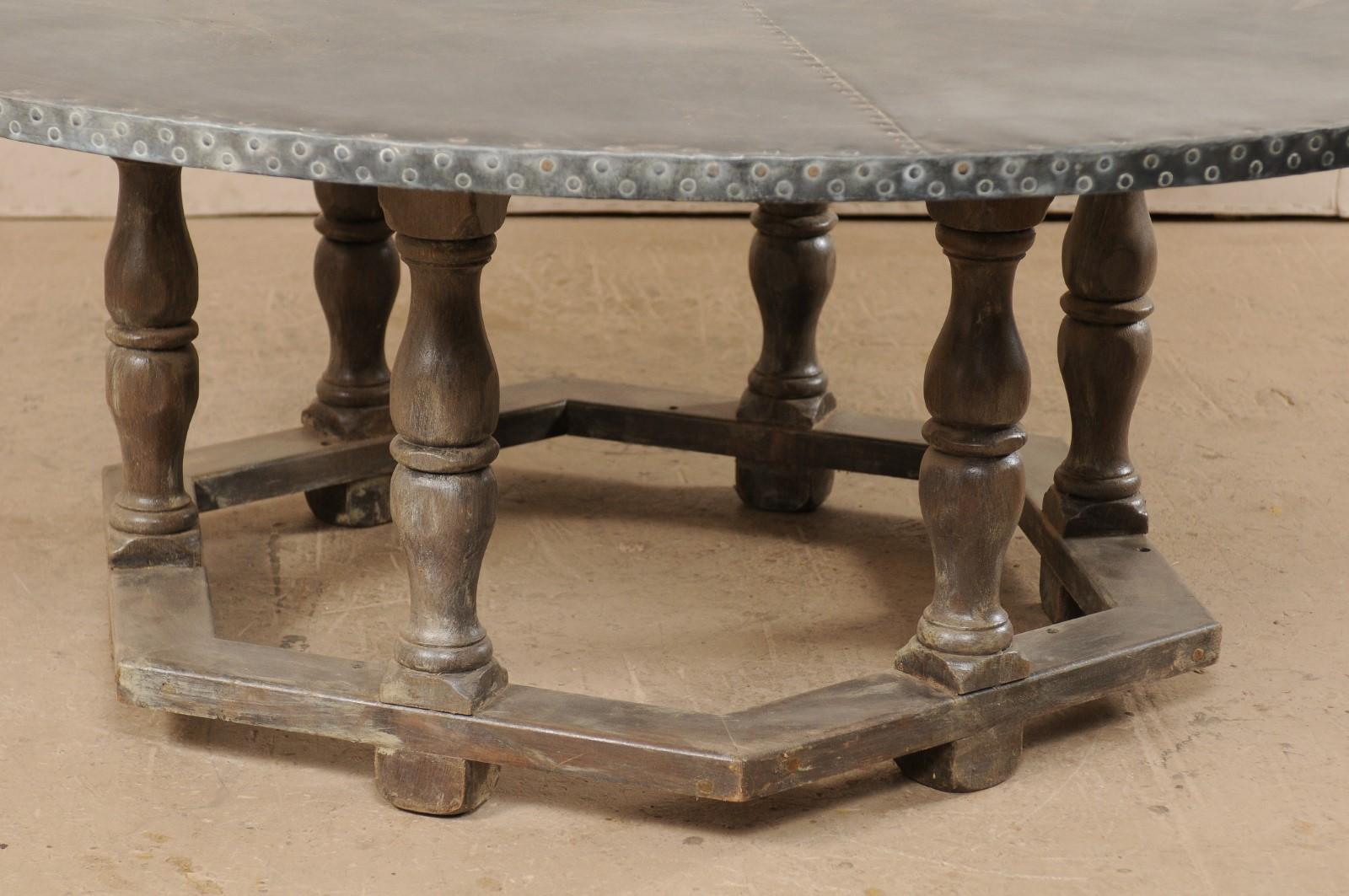 Round Zinc Top Painted Wood Table with Hexagon Base 3