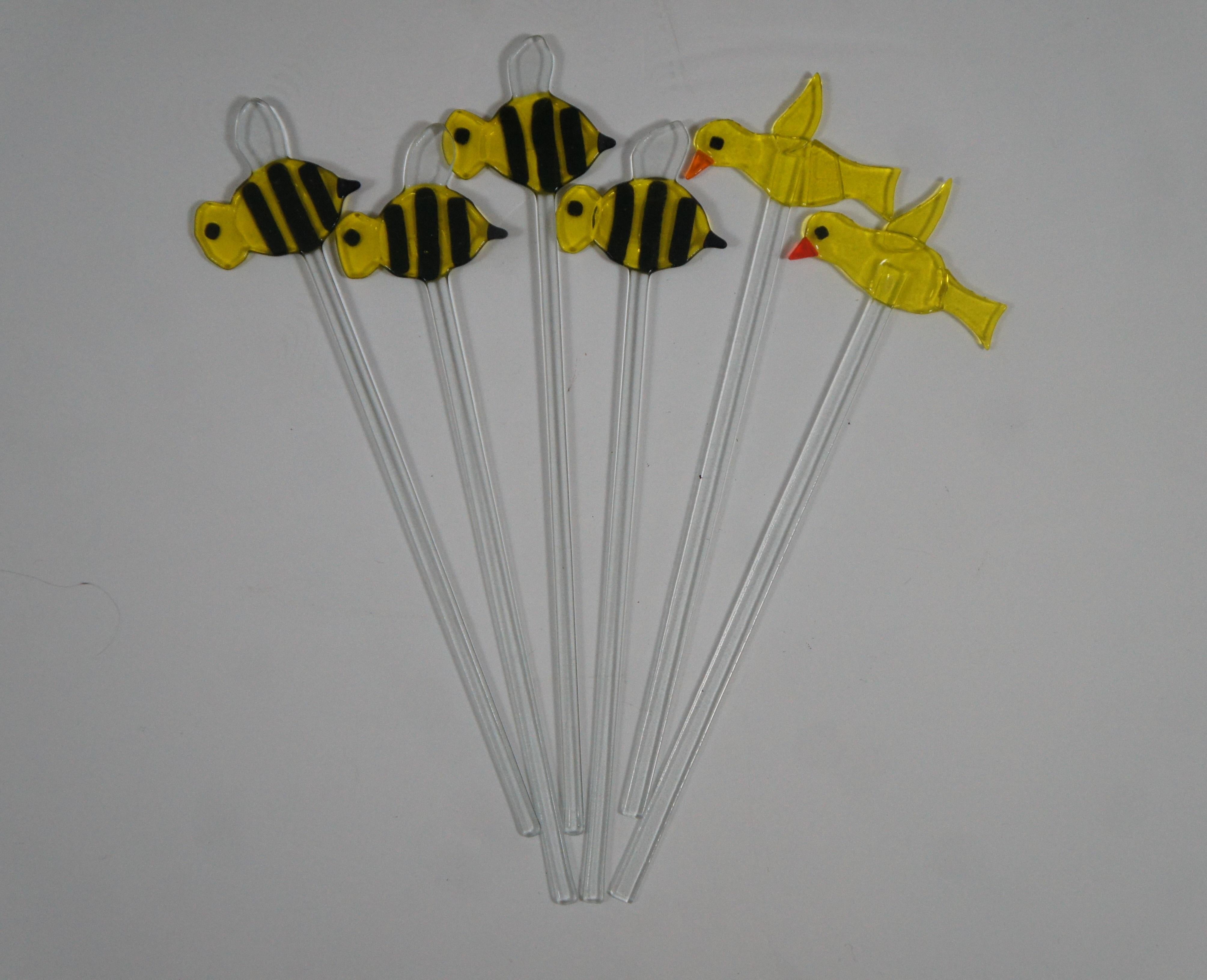 20th Century 6 Fused Glass Plant Stakes Cocktail Stir Sticks Yellow Birds & Bumble Bees 14